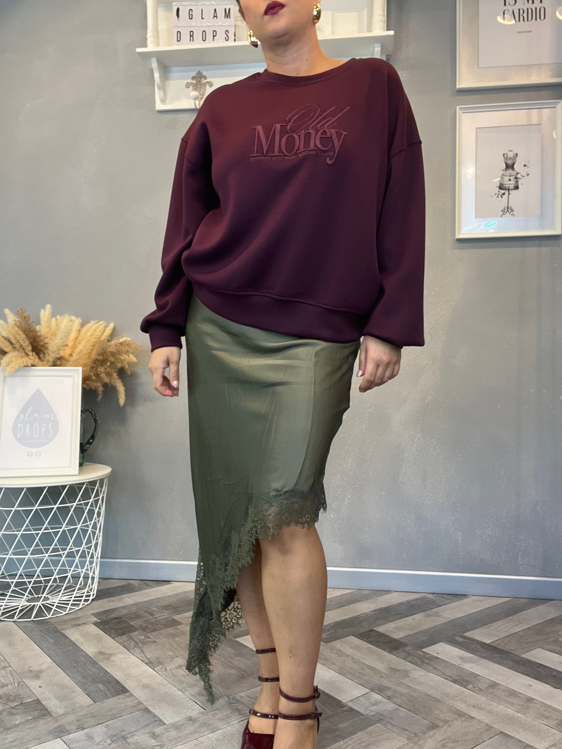 Lumina gonna raso e pizzo verde militare