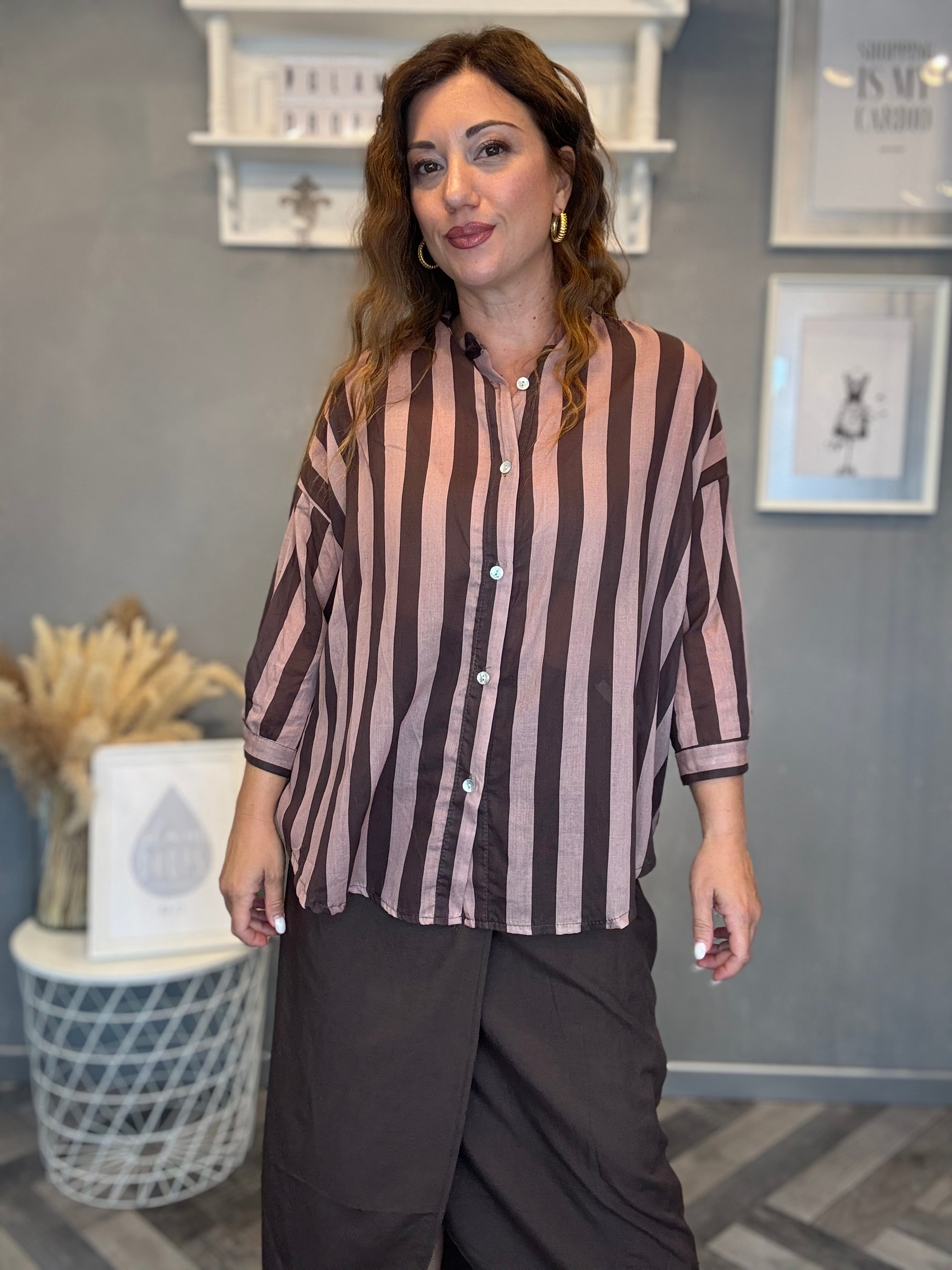 Camicia Isla Bonita righe cioccolato e cipria