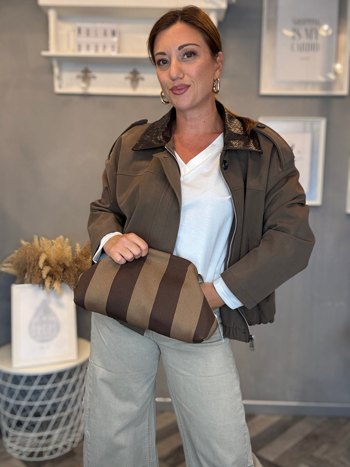 Bomber collo intrecciato fango