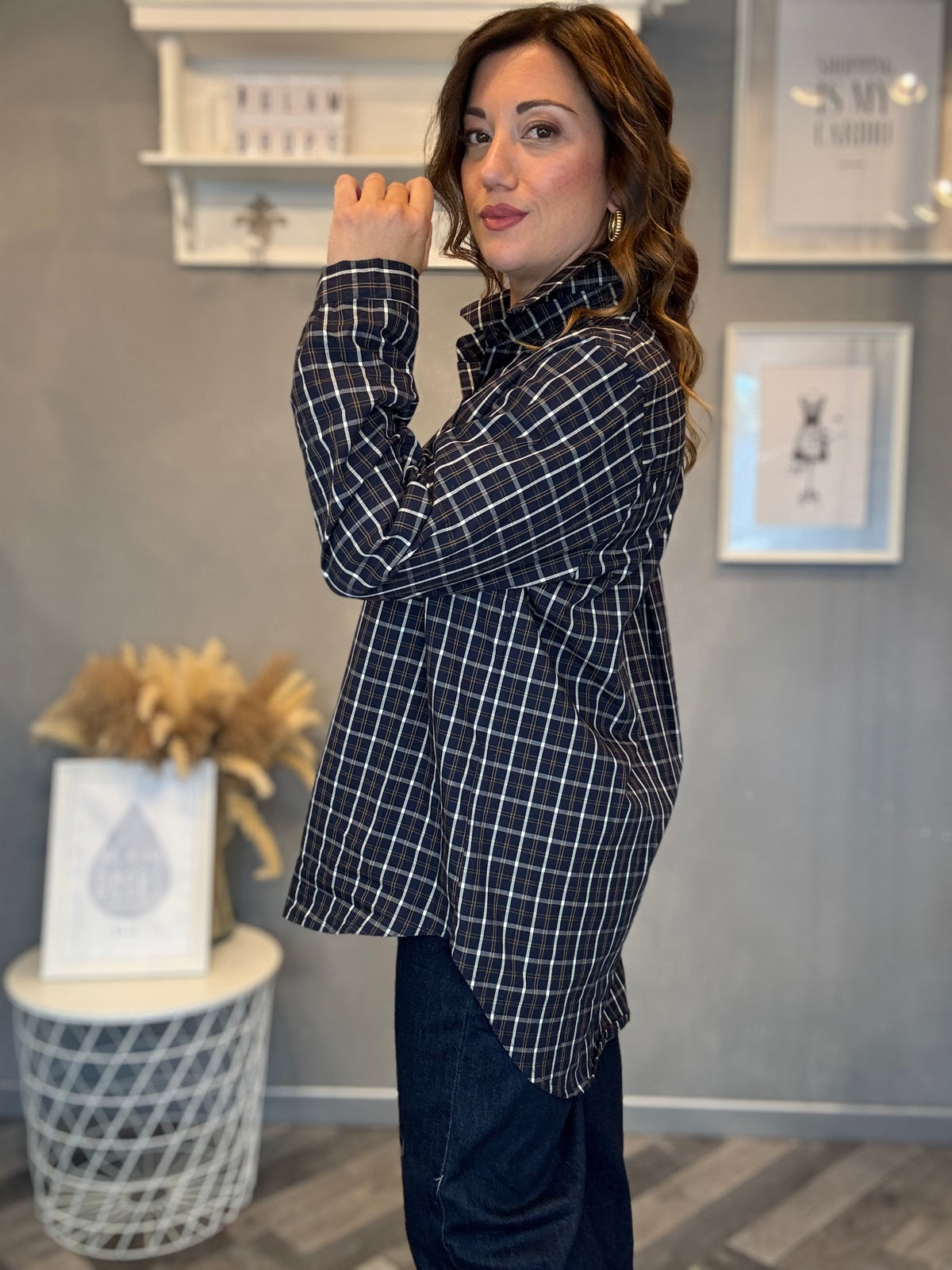 Camicia macro check blu e panna