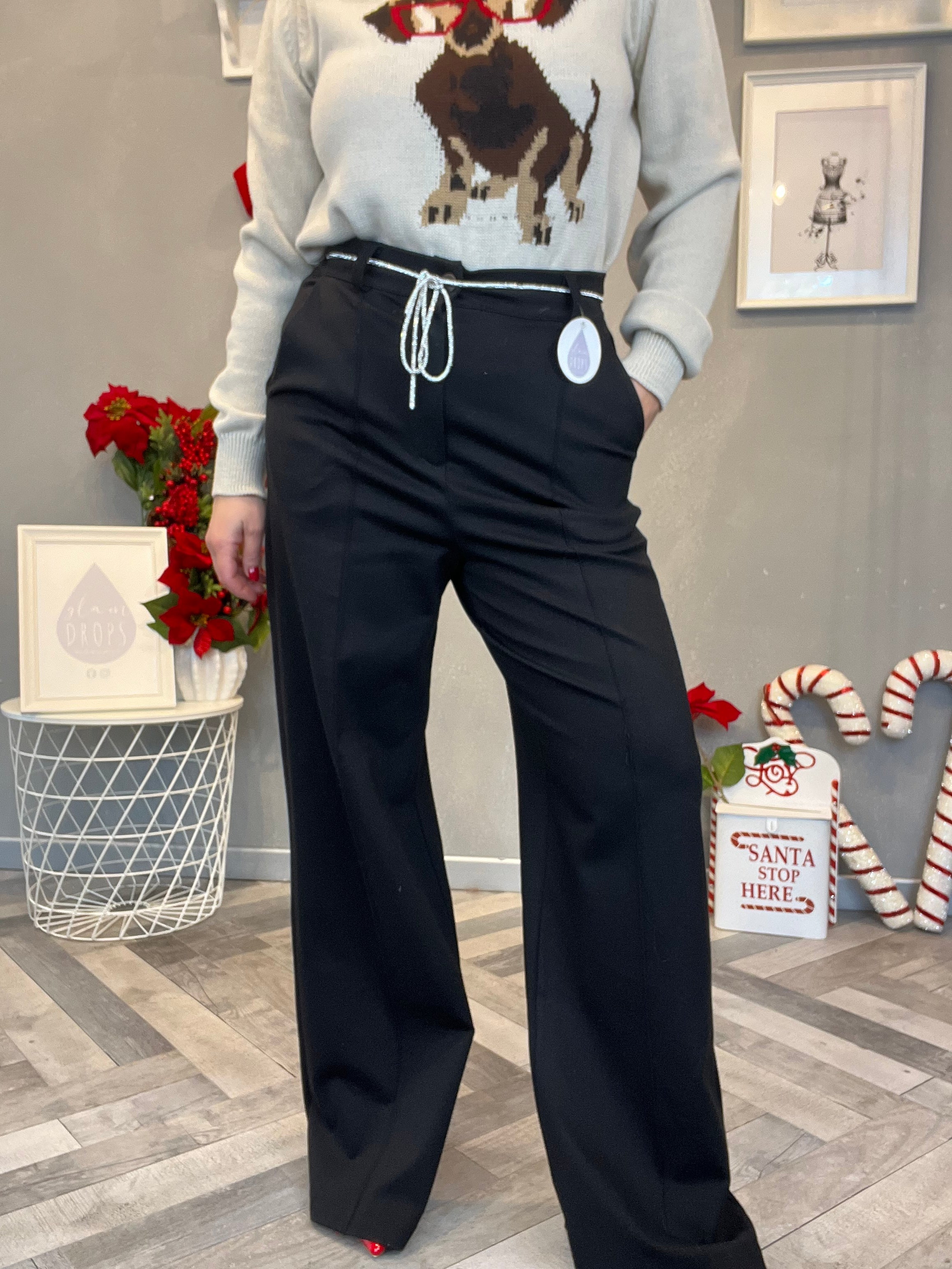 Pantalone palazzo punto Milano nero con cintina di strass