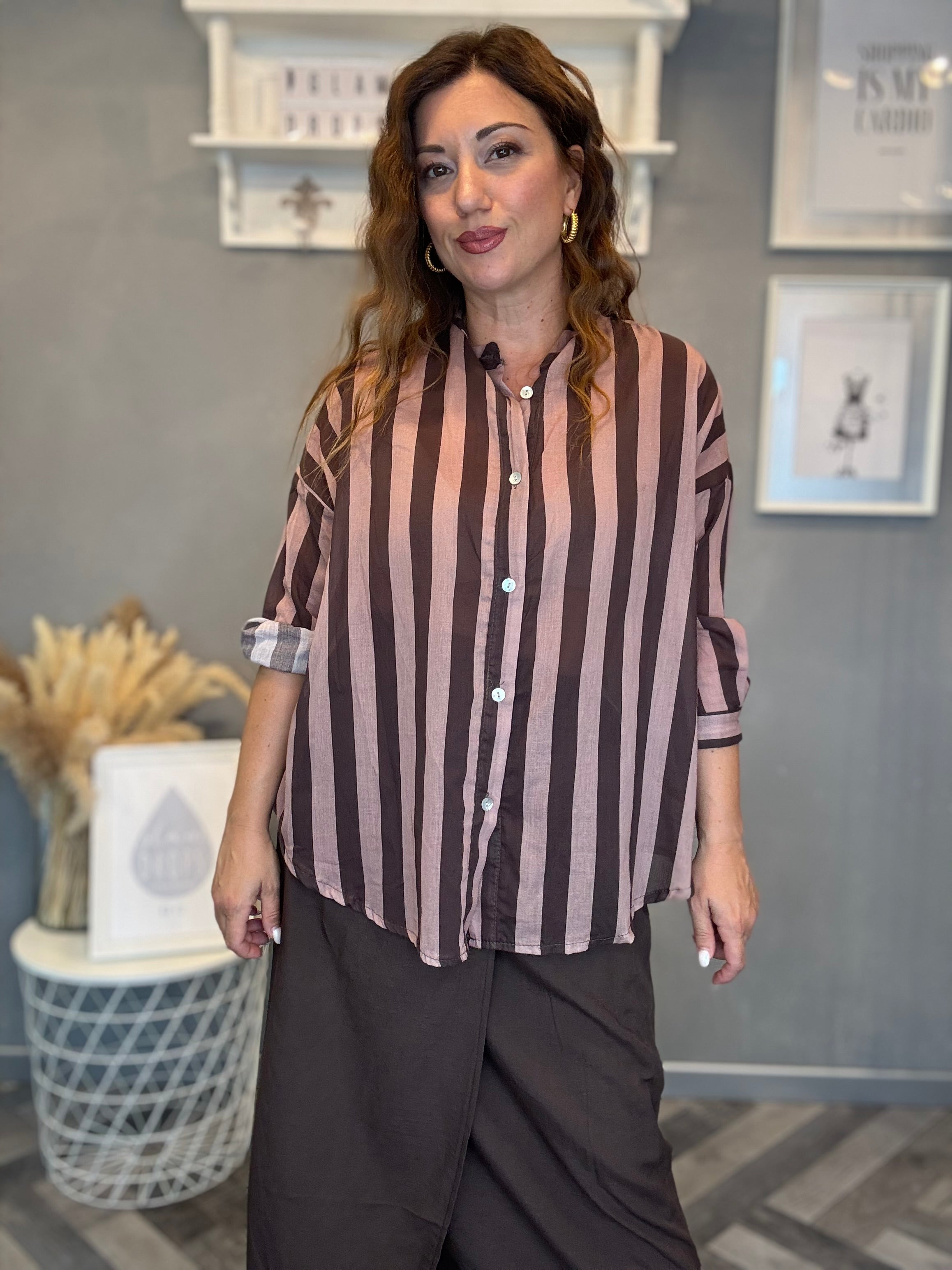 Camicia Isla Bonita righe cioccolato e cipria