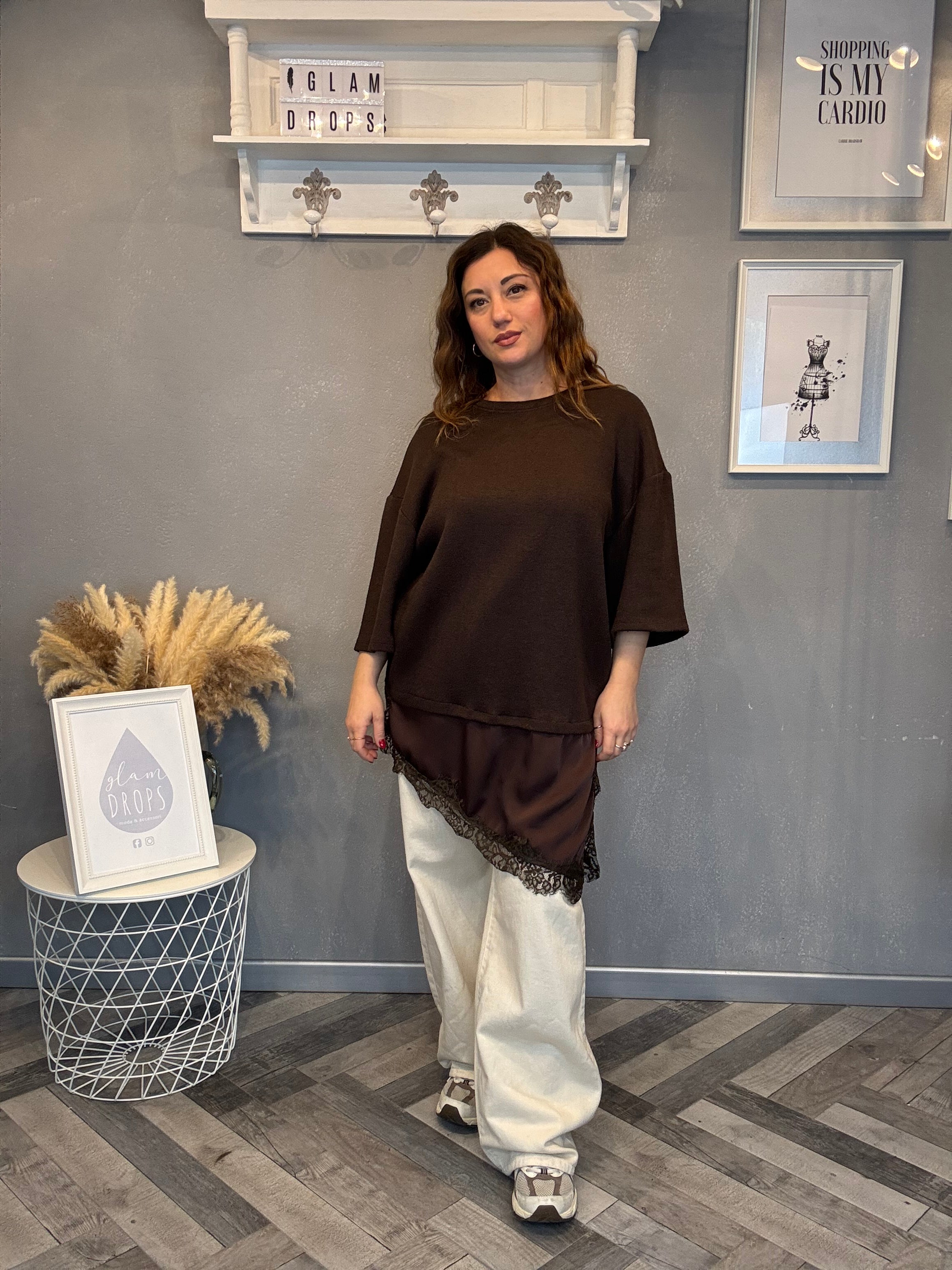 Maxi Maglia con satin e pizzo cioccolato