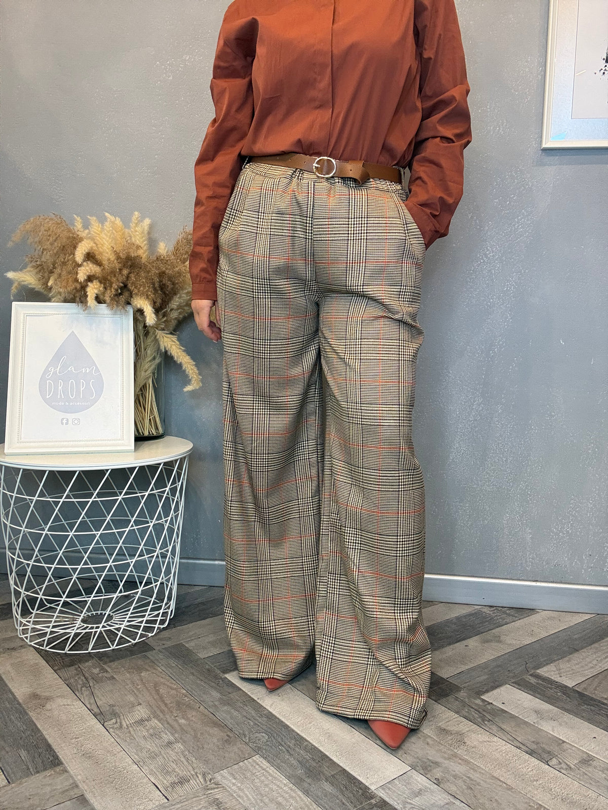 Pantalone palazzo check principe di Galles ruggine