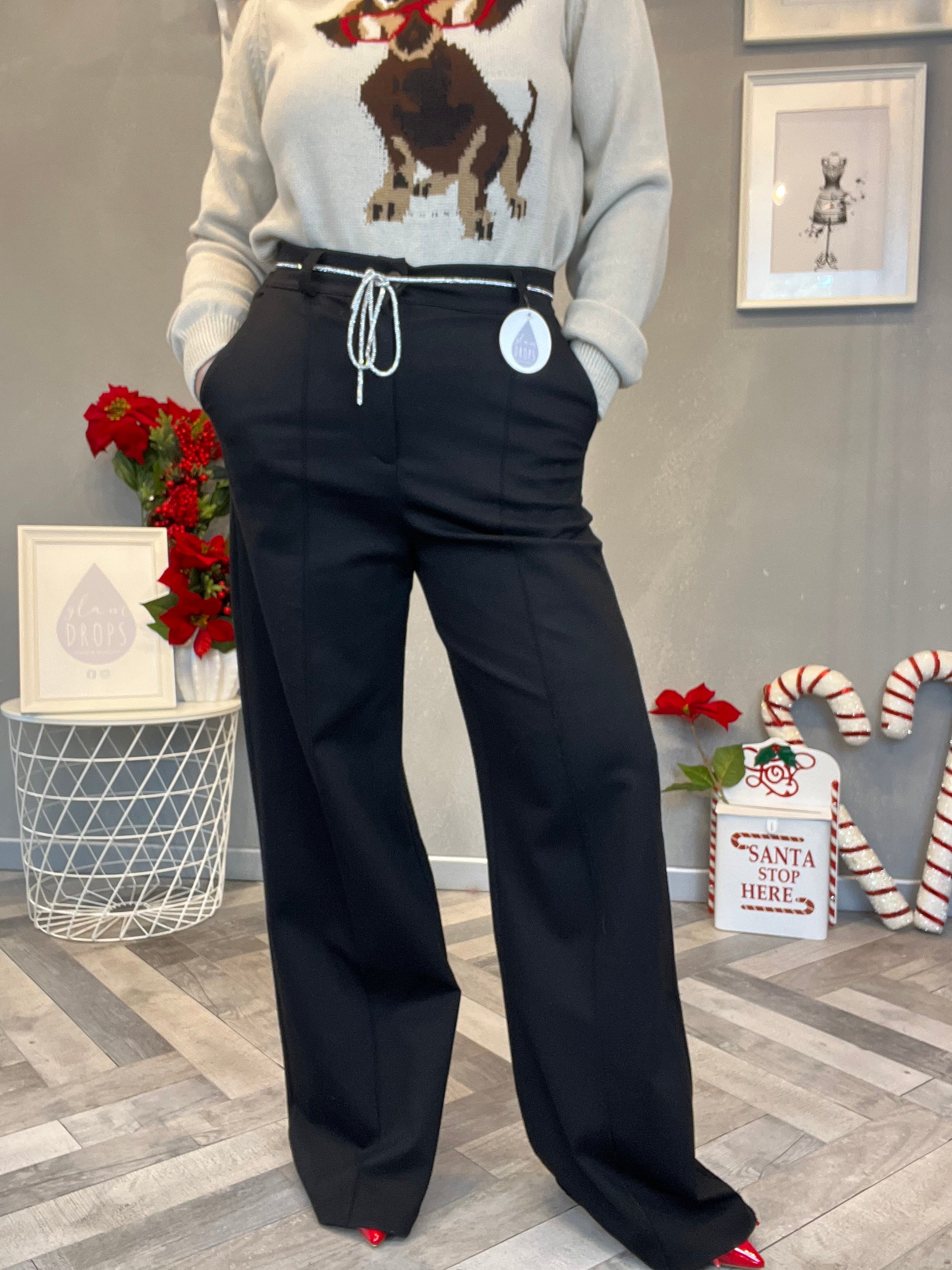 Pantalone palazzo punto Milano nero con cintina di strass