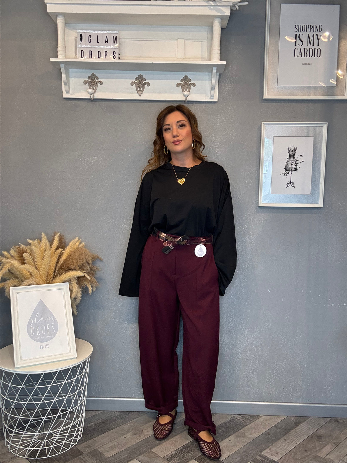 Pantalone check detail bordeaux