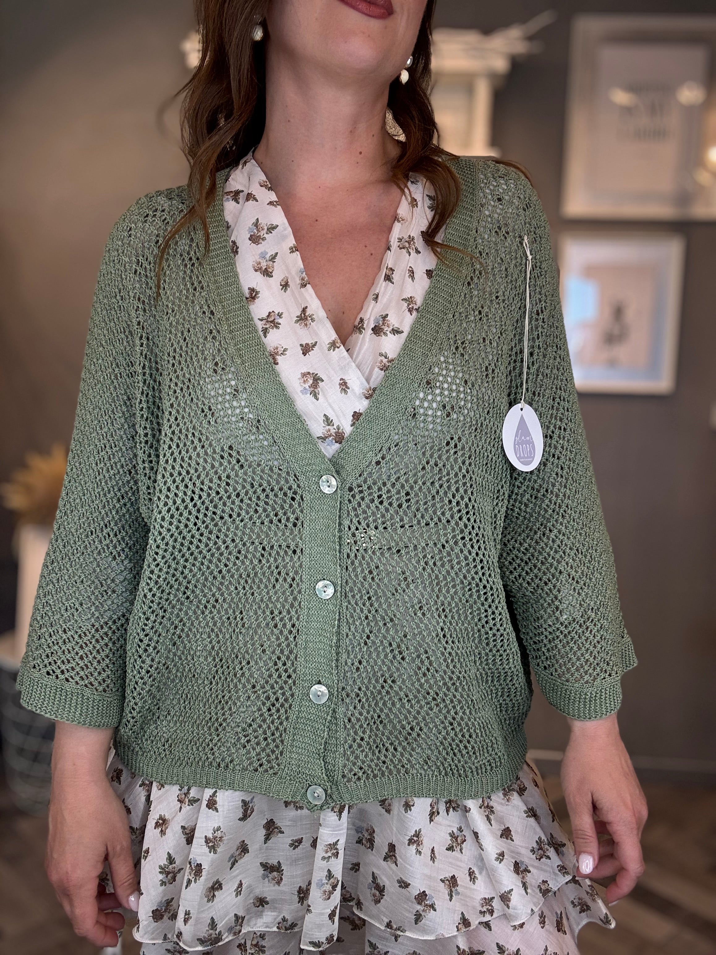 Cardigan traforato in cotone verde salvia