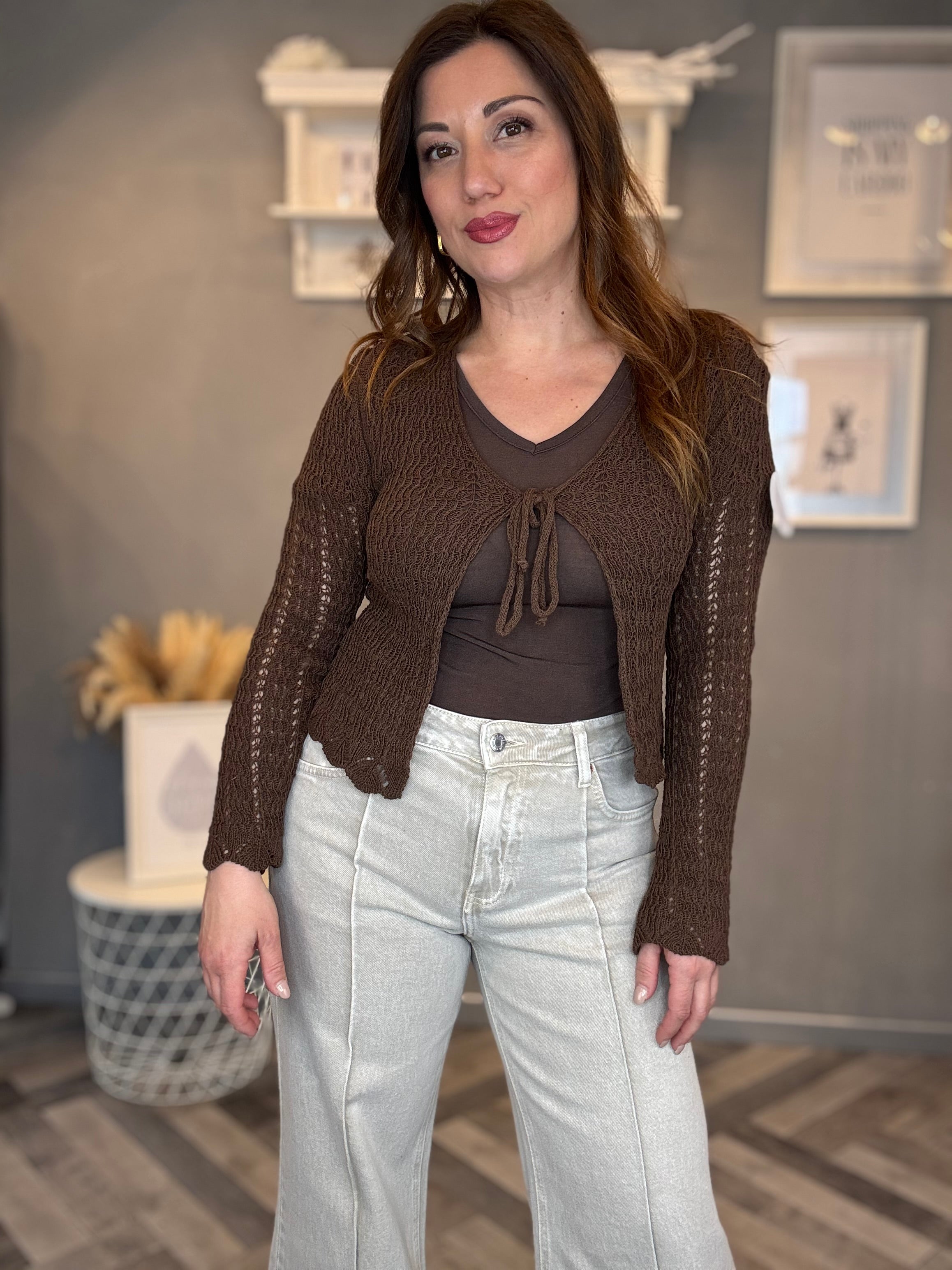 Cardigan crochet crop cioccolato