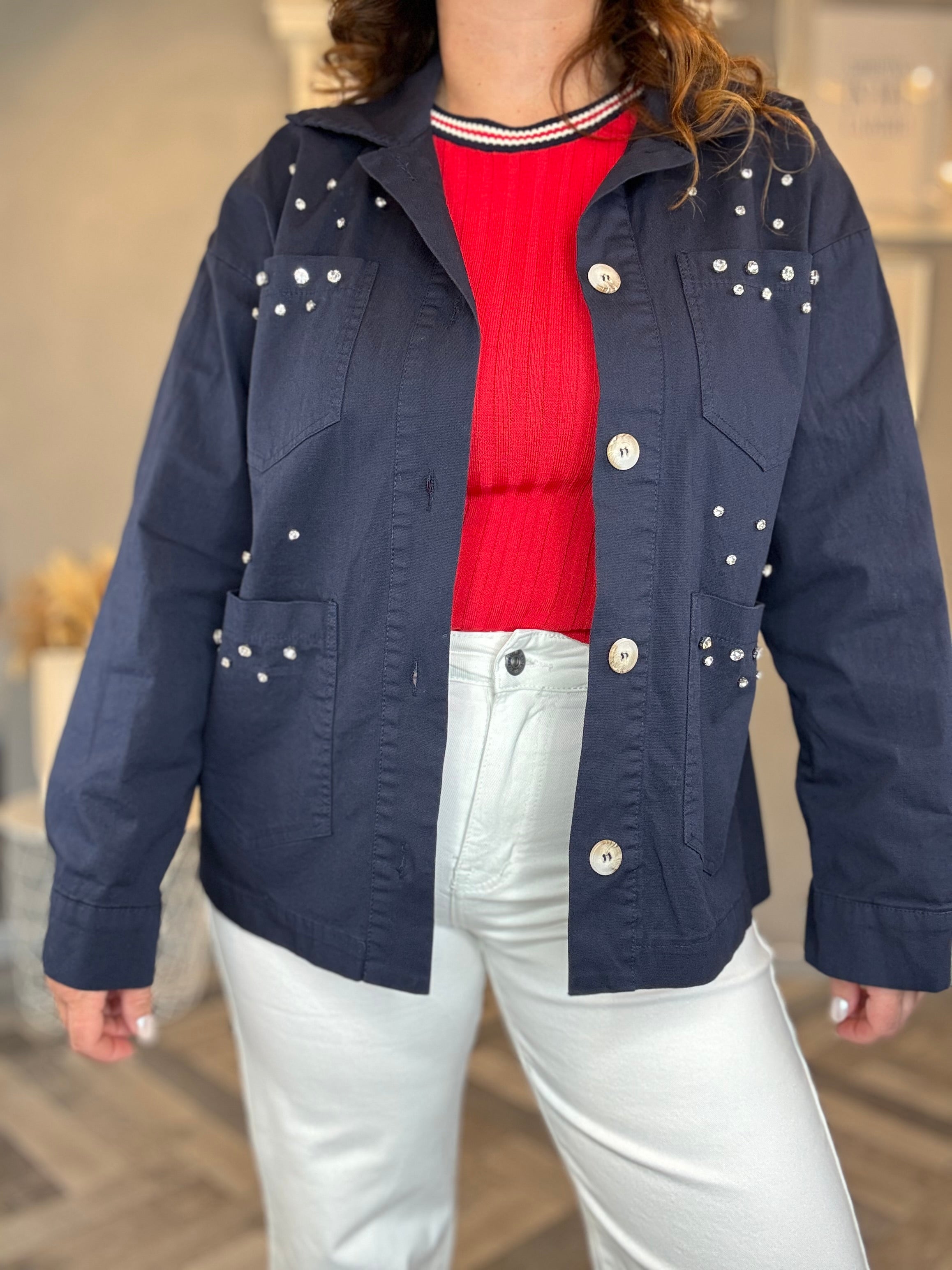 Giacca utility blu con dettagli gioiello