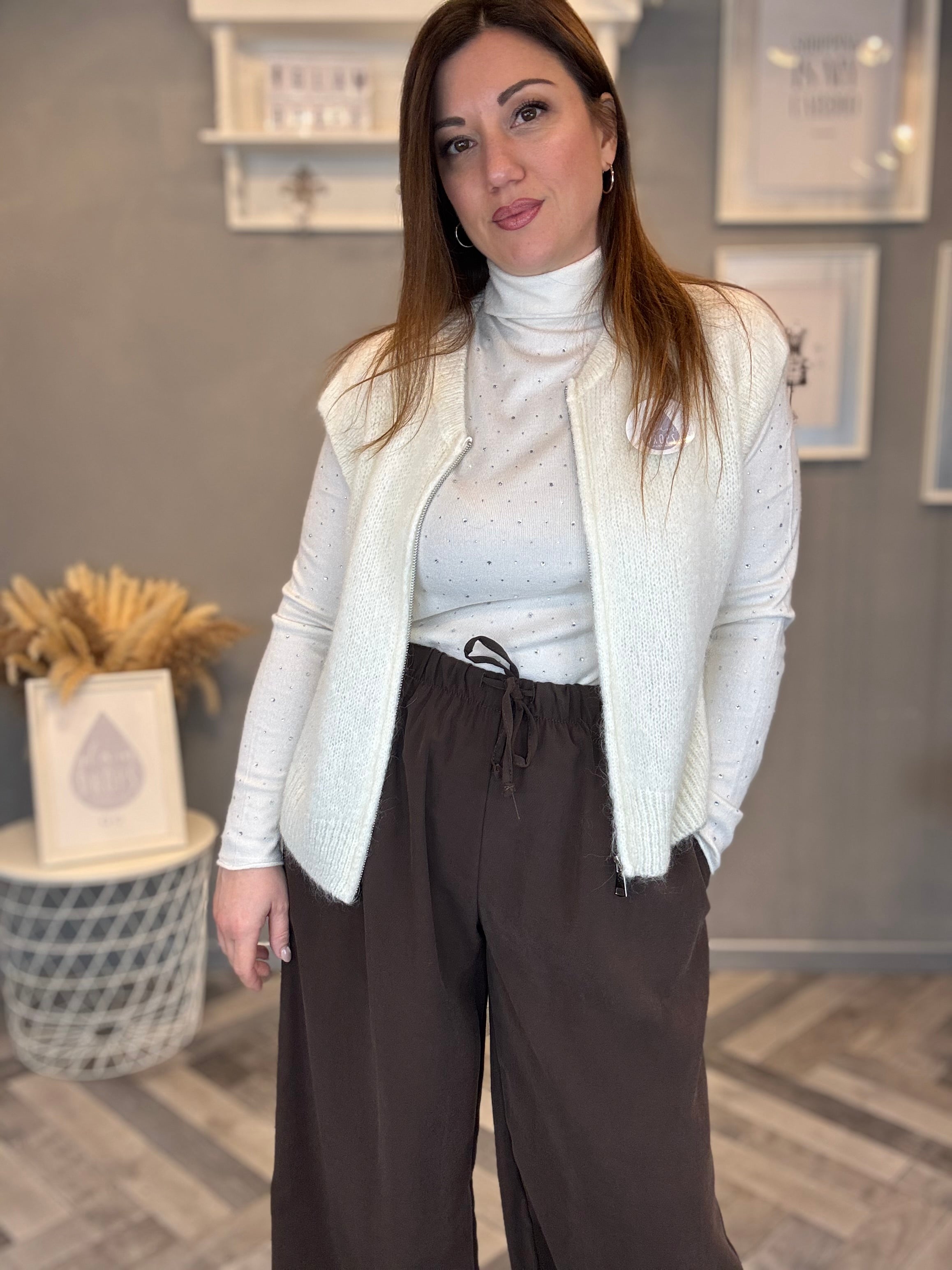 Gilet in maglia con zip panna