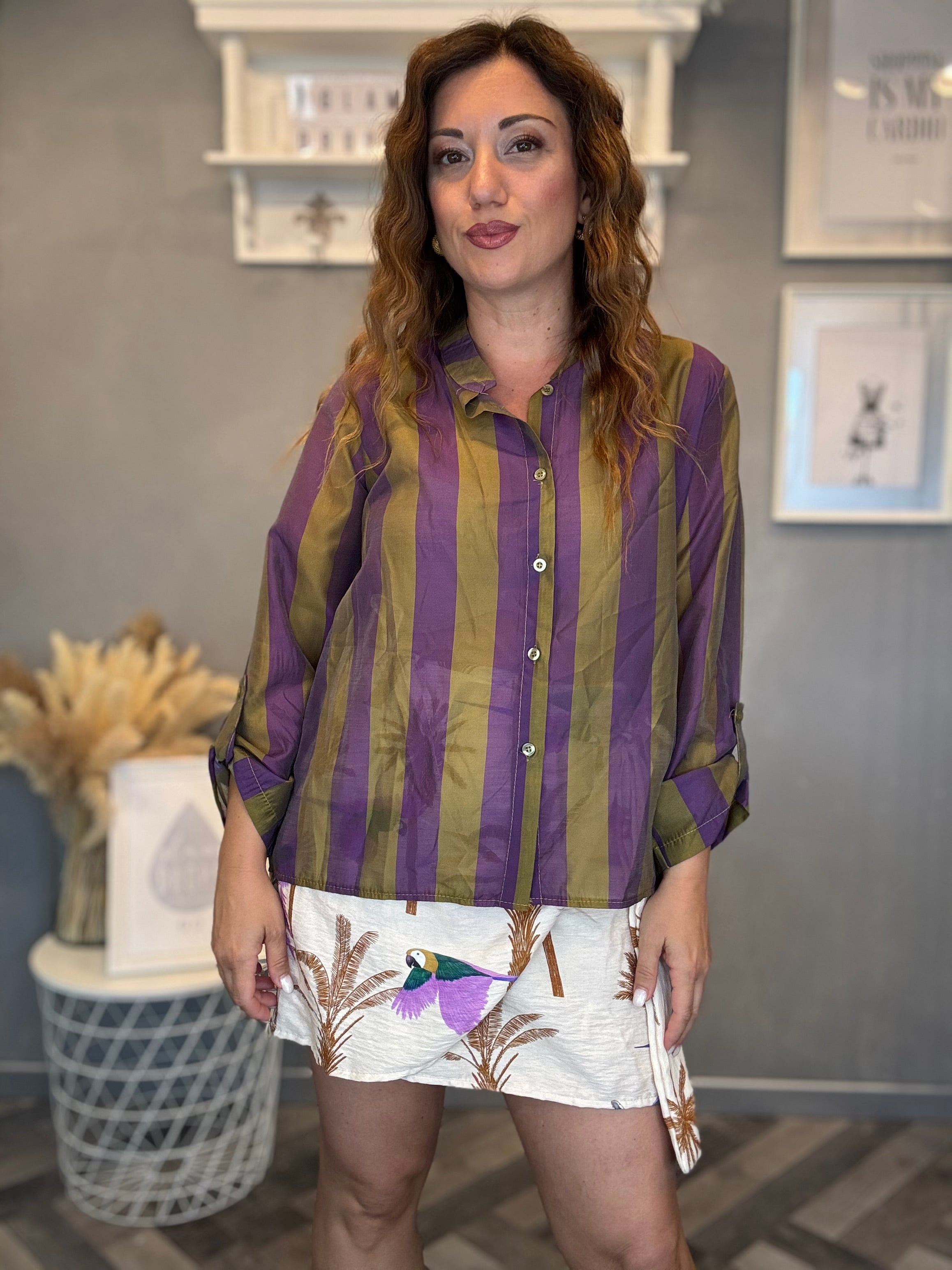 Camicia Isla Bonita bande roll-up viola e oliva
