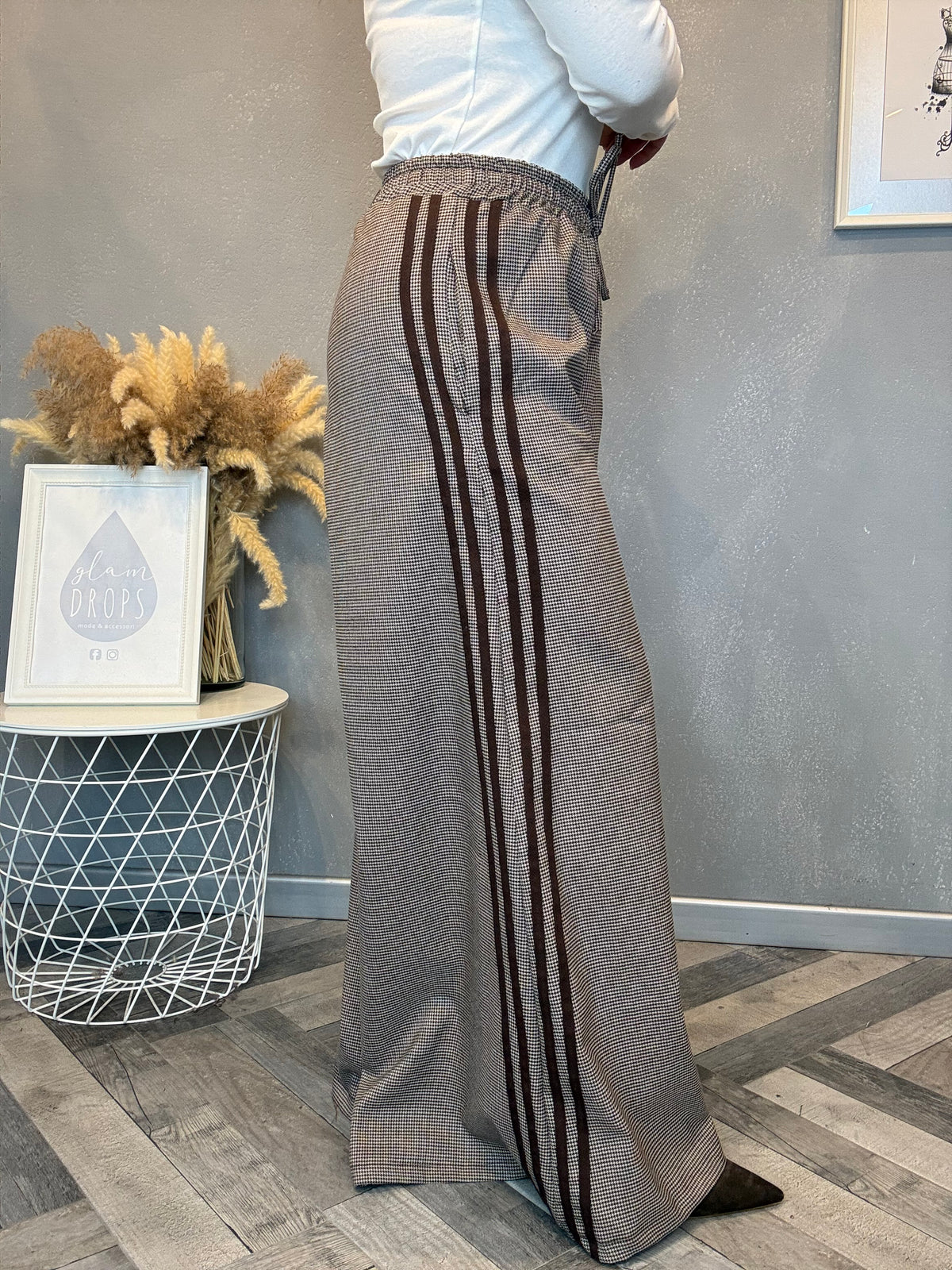 Pantalone palazzo check con bande laterali