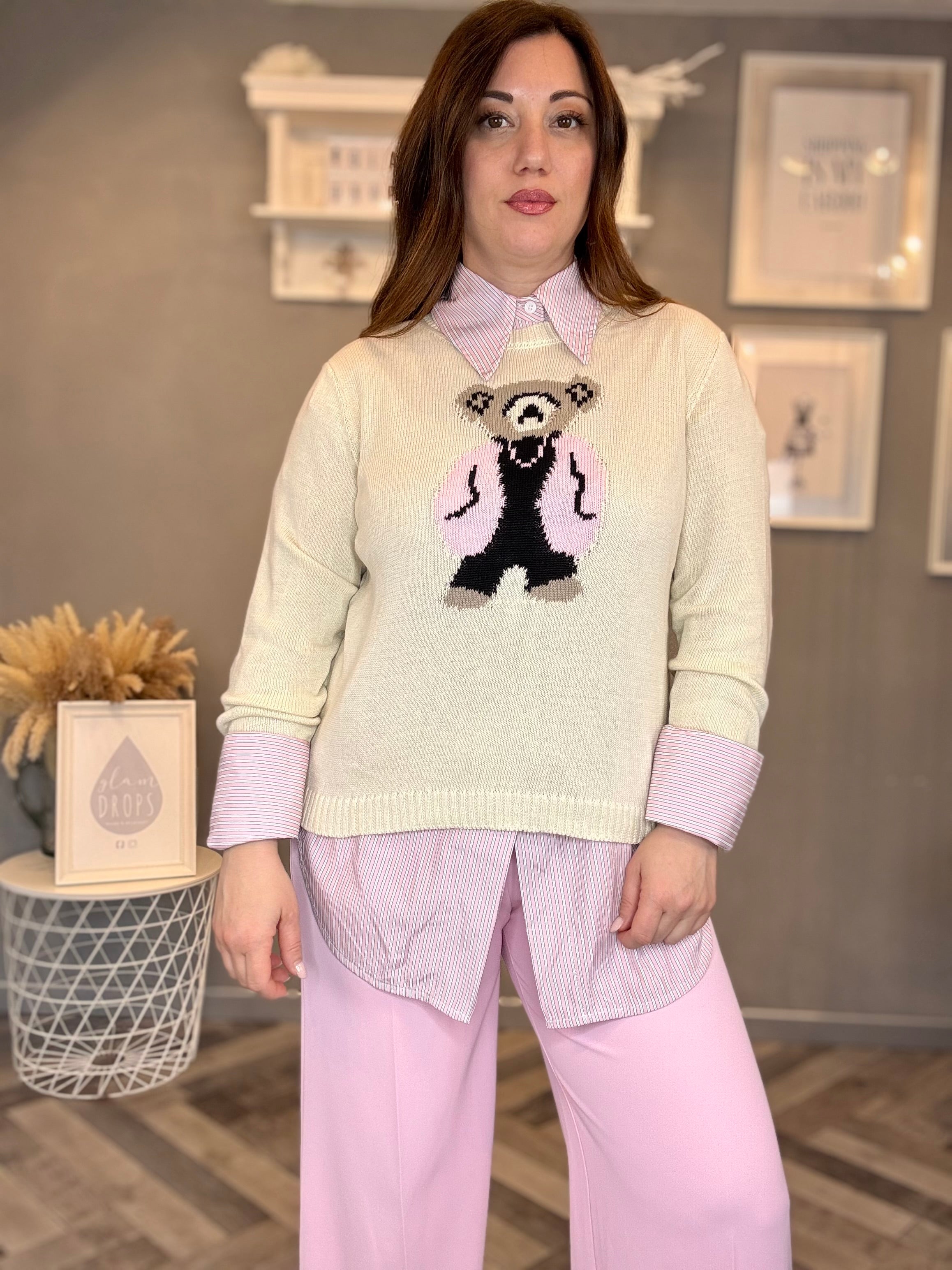 Maglioncino burro con orsetto rosa baby