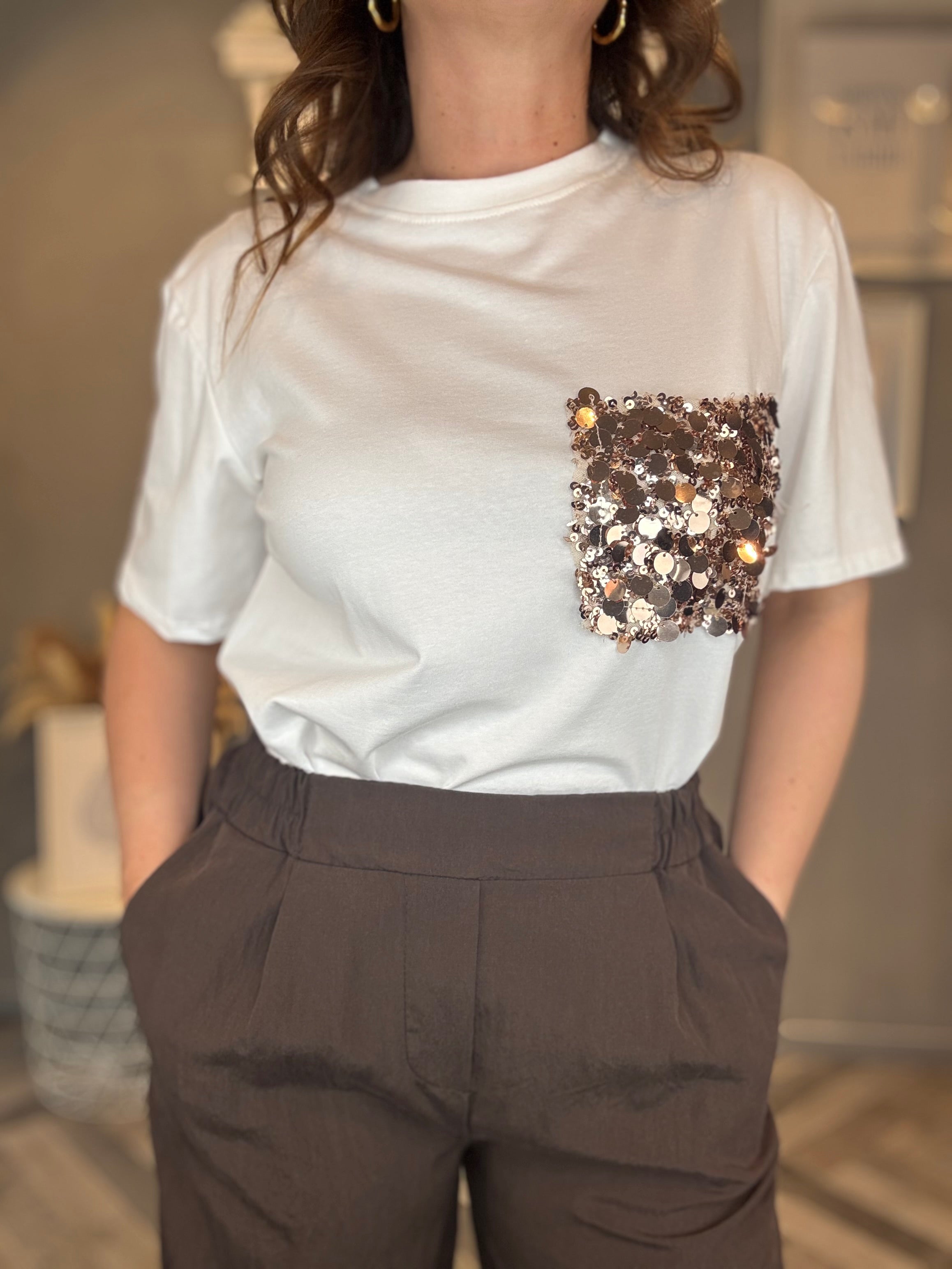T-shirt tasca paillettes oro rosa