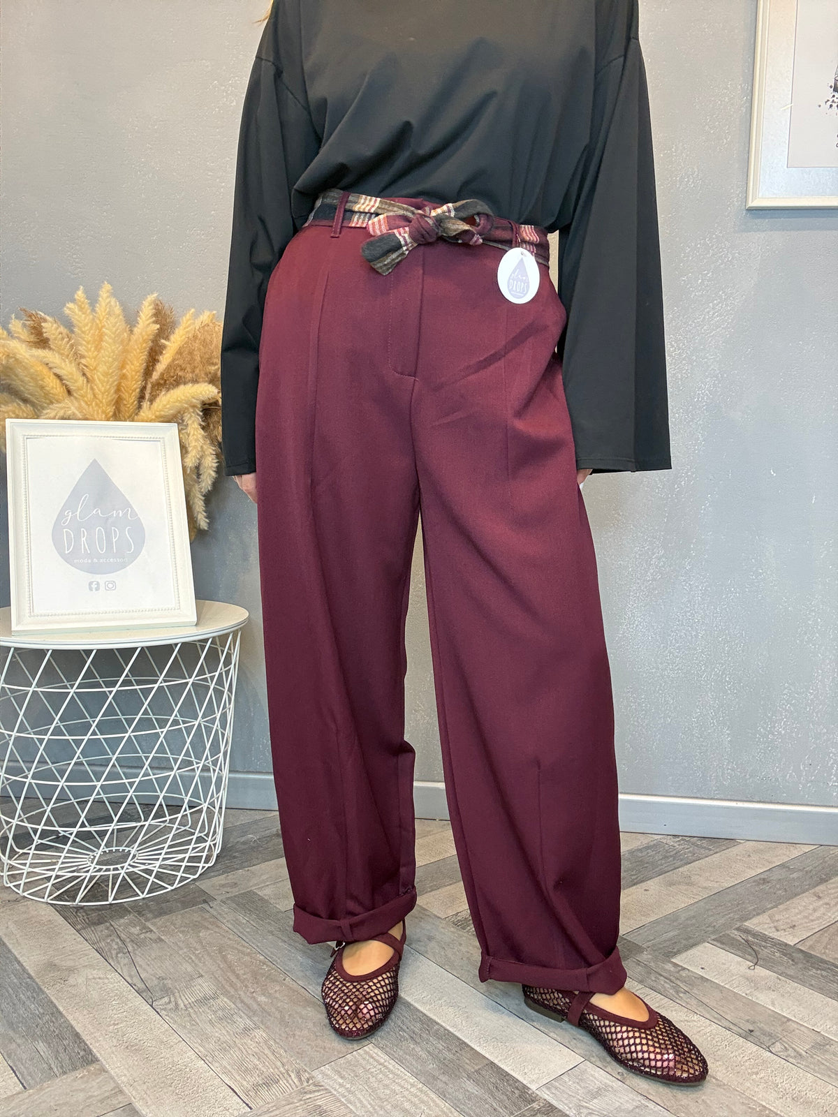 Pantalone check detail bordeaux