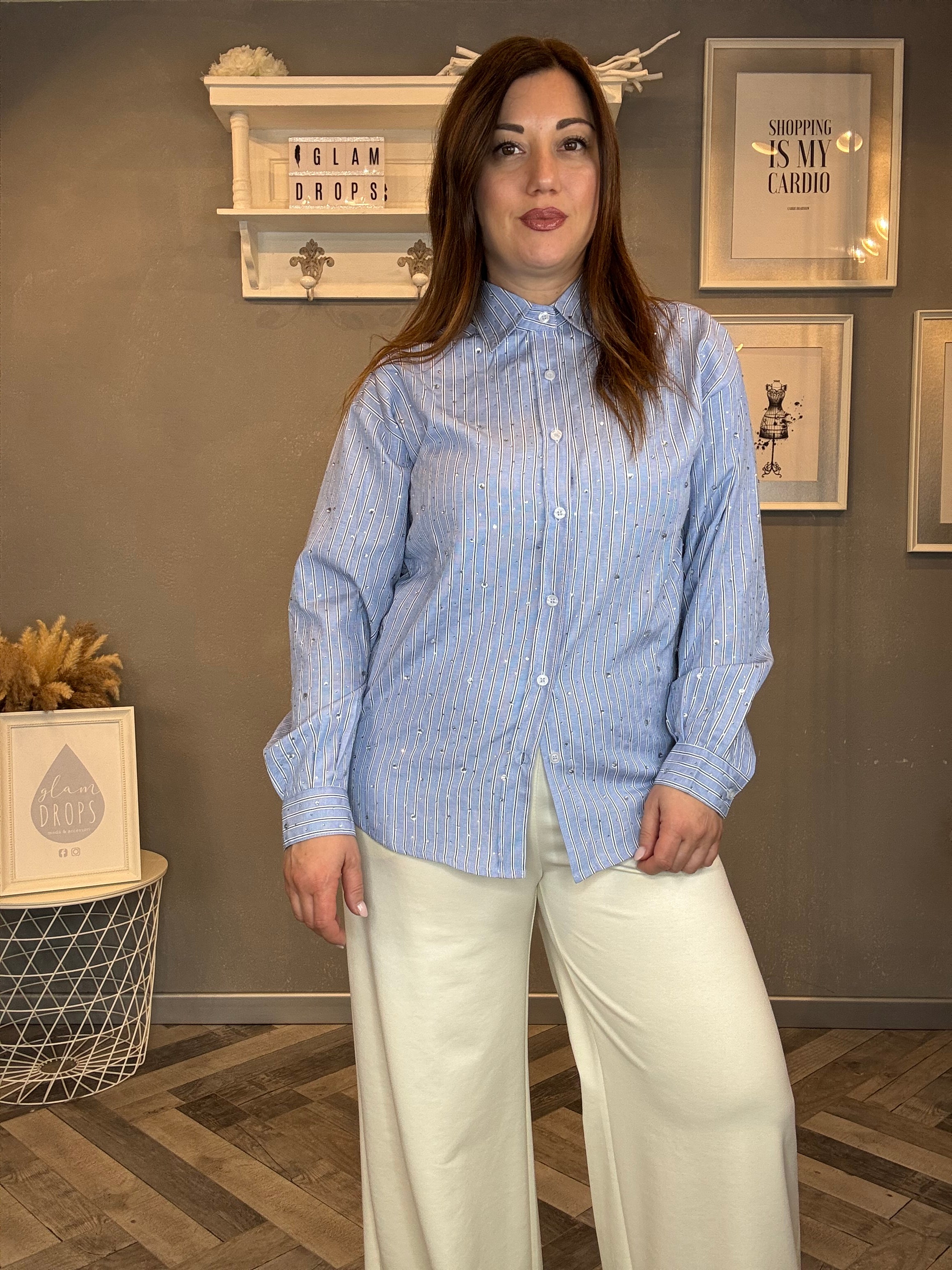 Camicia a righe blu con strass