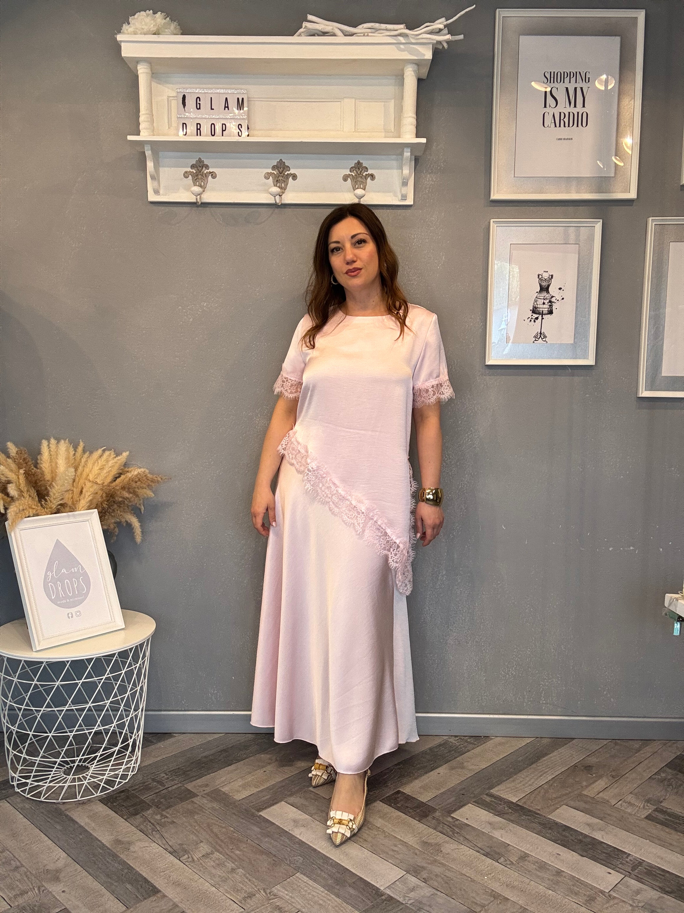Gonna satin lunga Lety rosa pastello