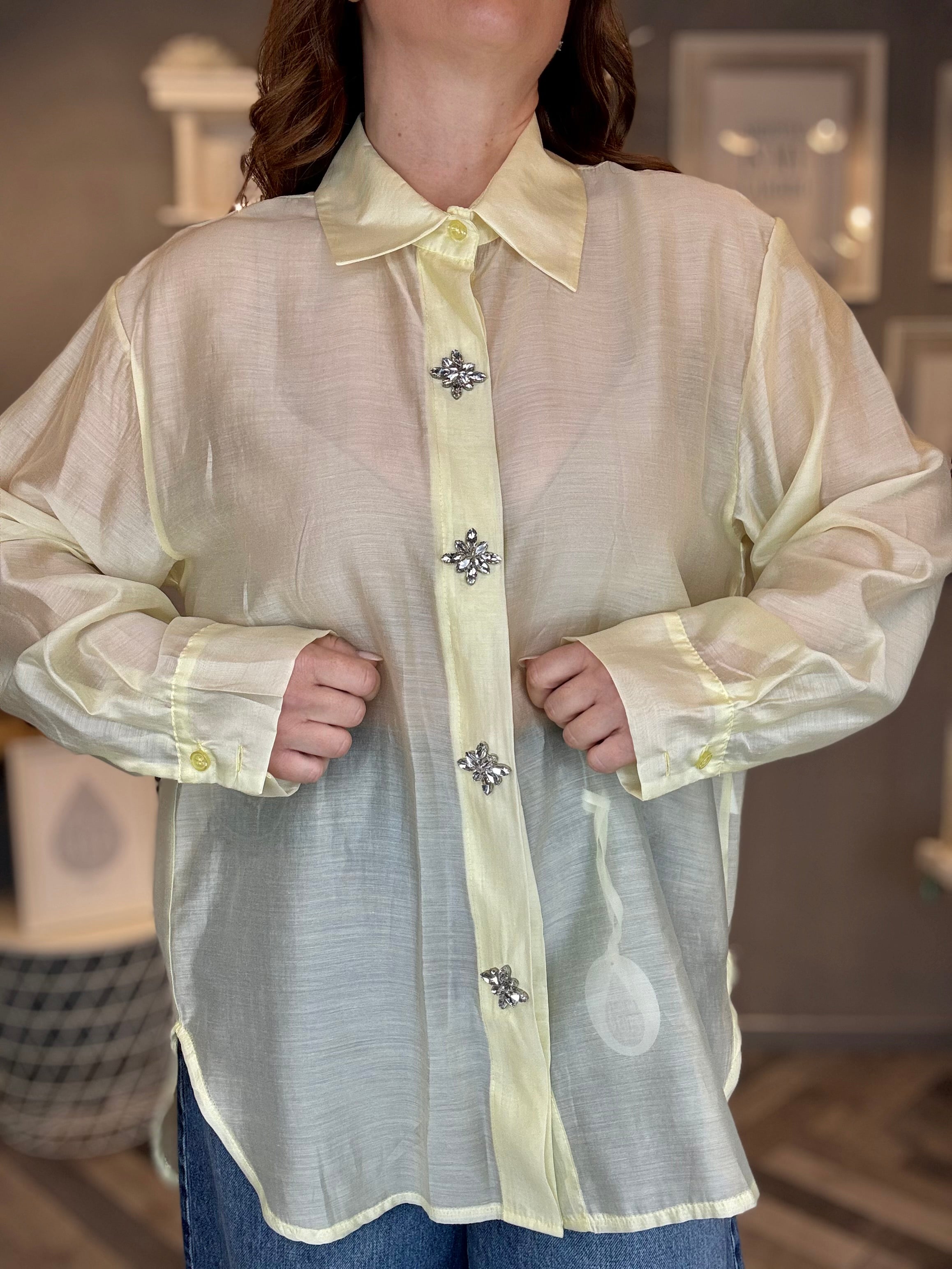 Camicia gioiello in tencel giallo pastello
