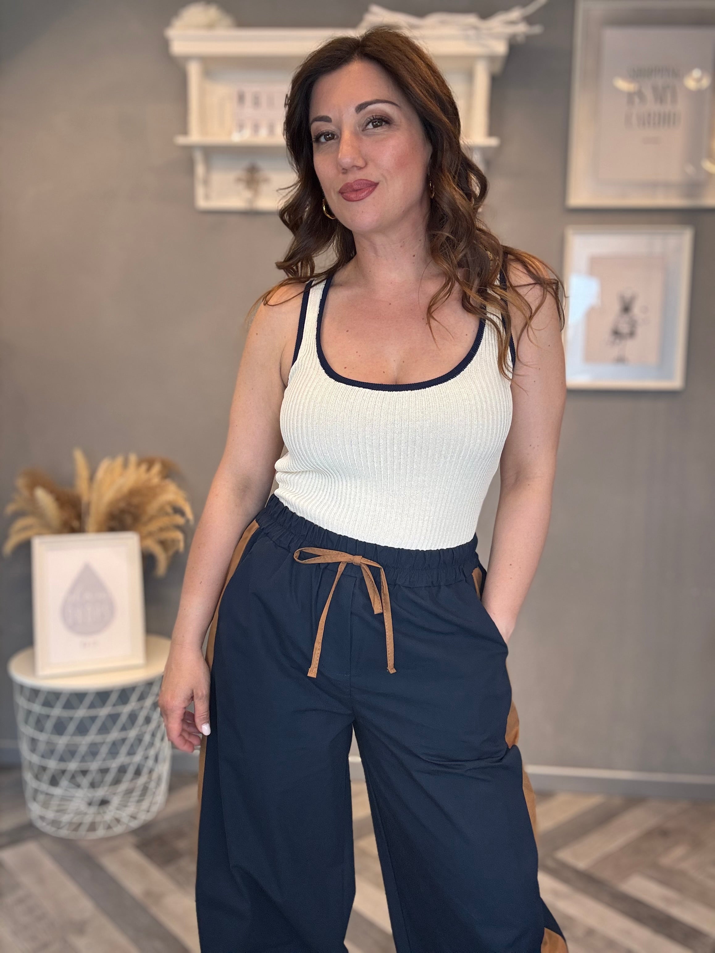 Pantalone Bicolore blu e camel