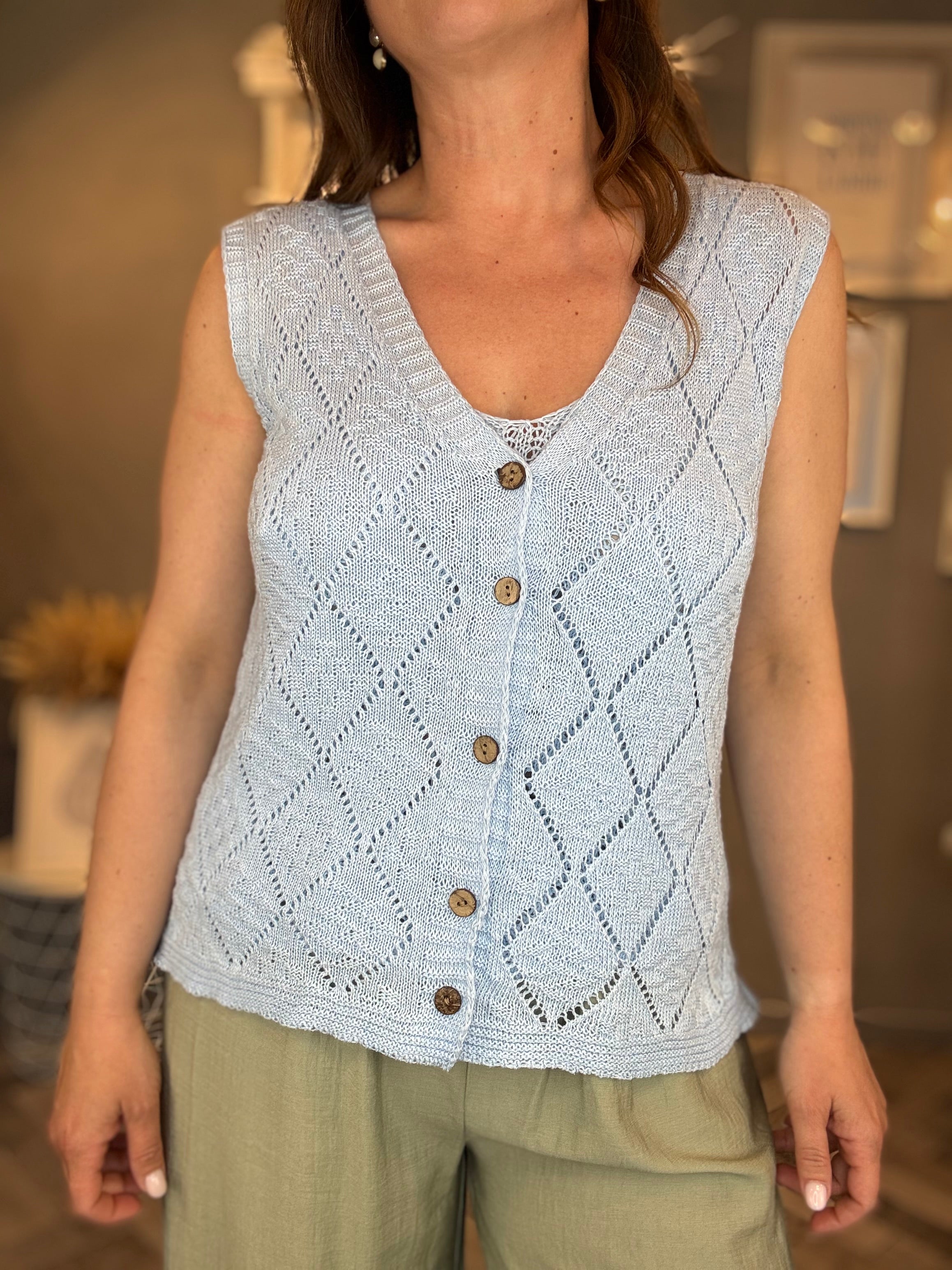 Gilet traforato rombi celeste