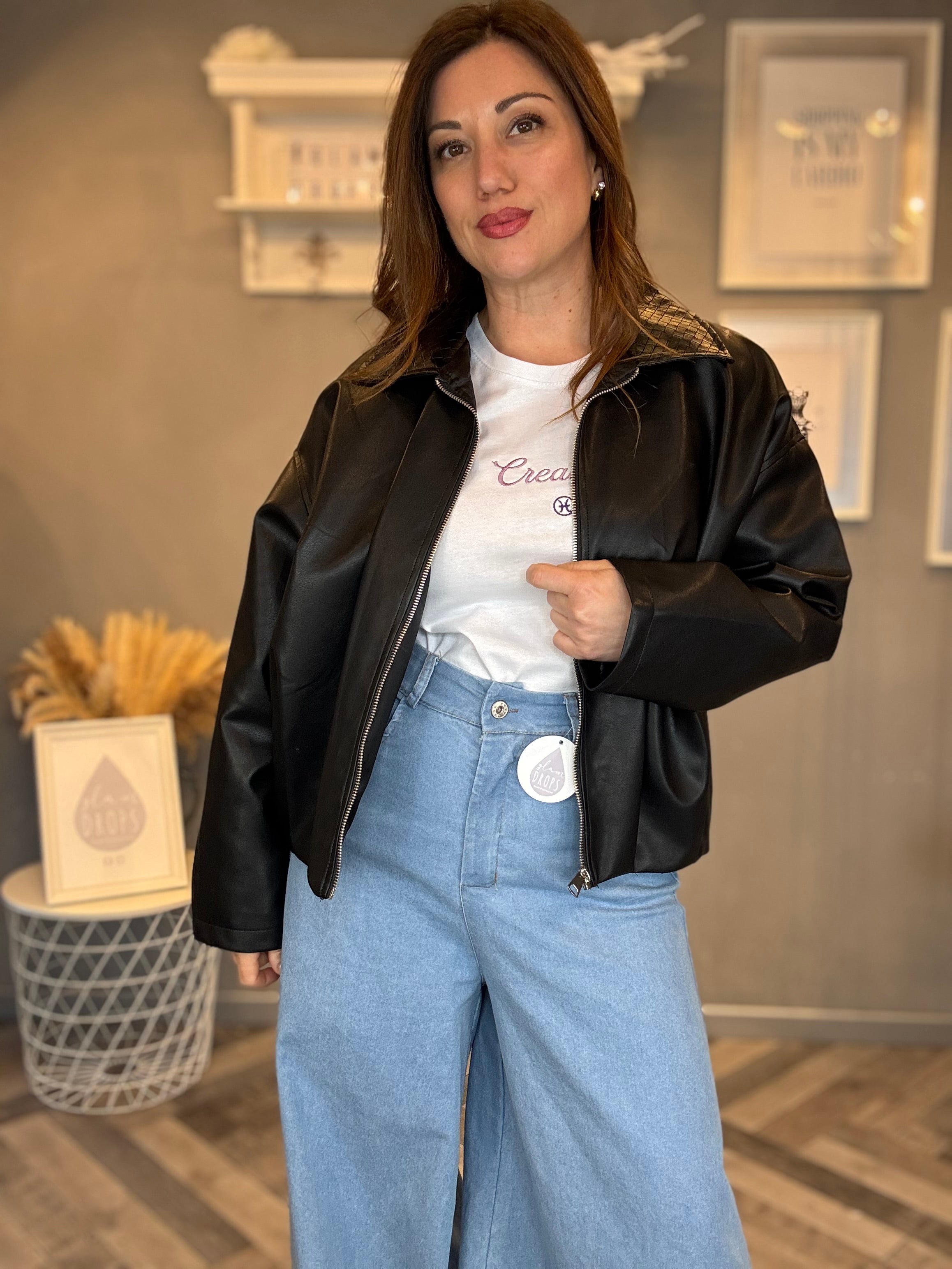 Bomber ecopelle collo intrecciato nero