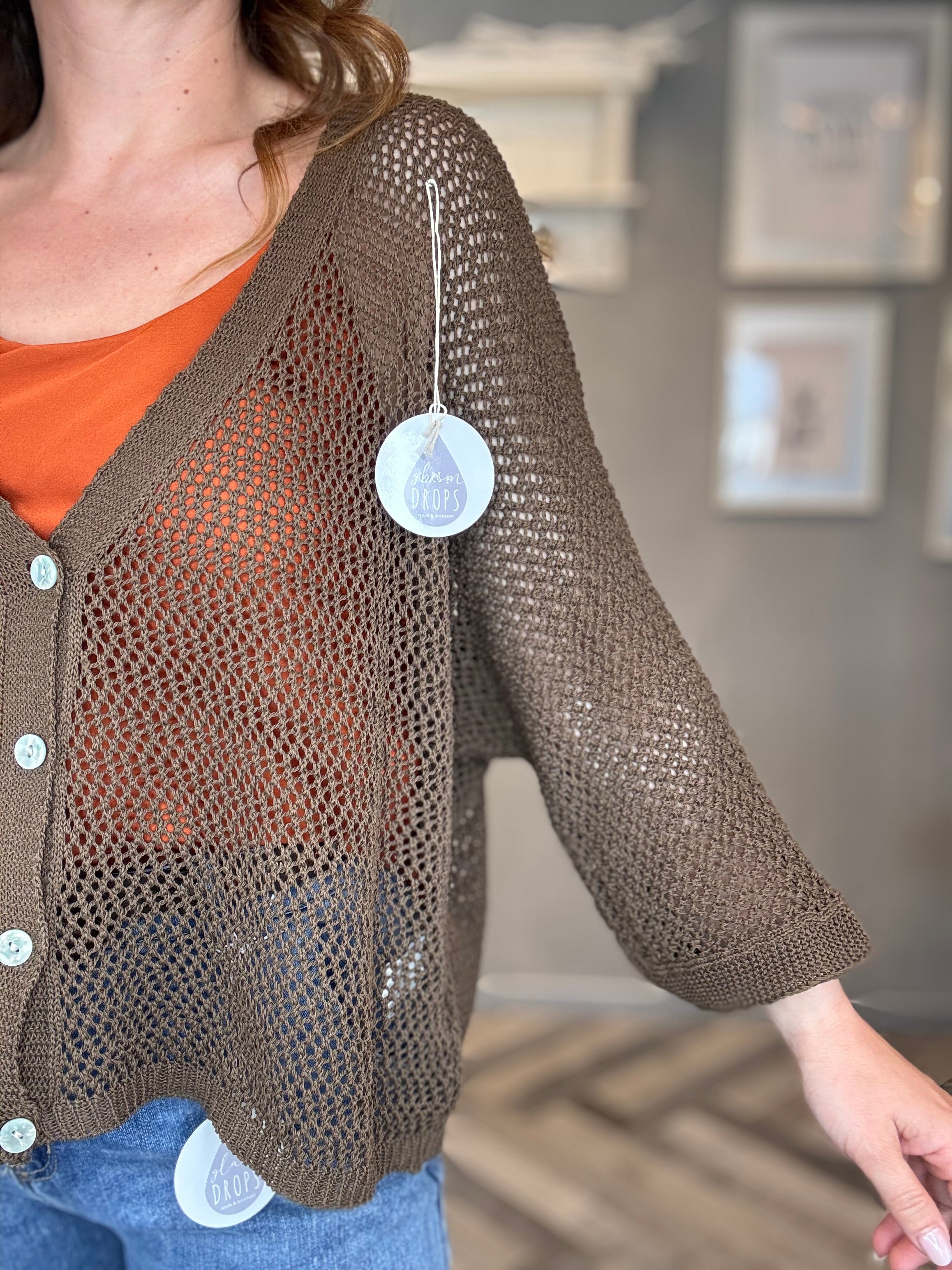 Cardigan traforato in cotone cioccolato
