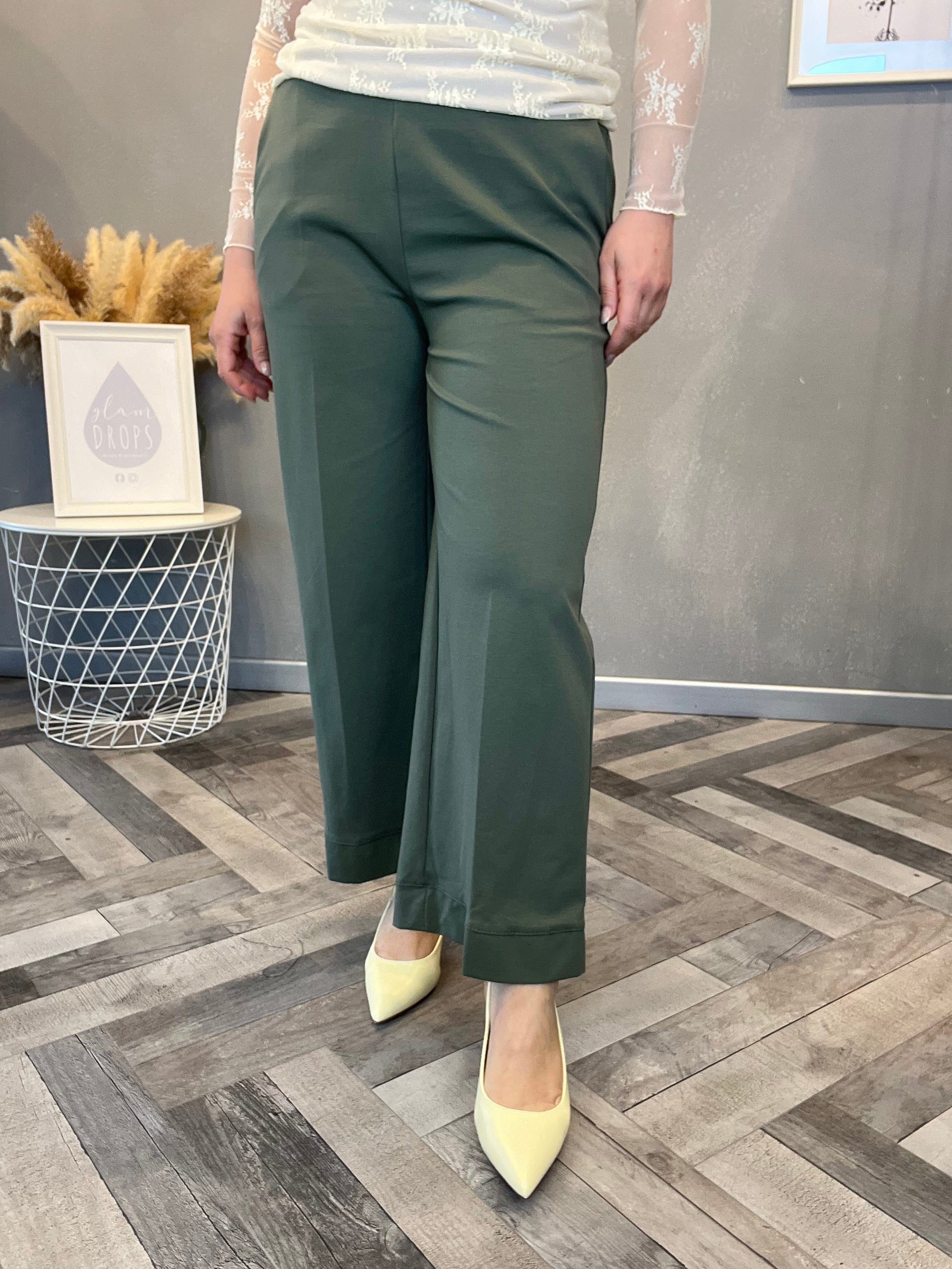Pantalone wide leg punto Milano verde militare