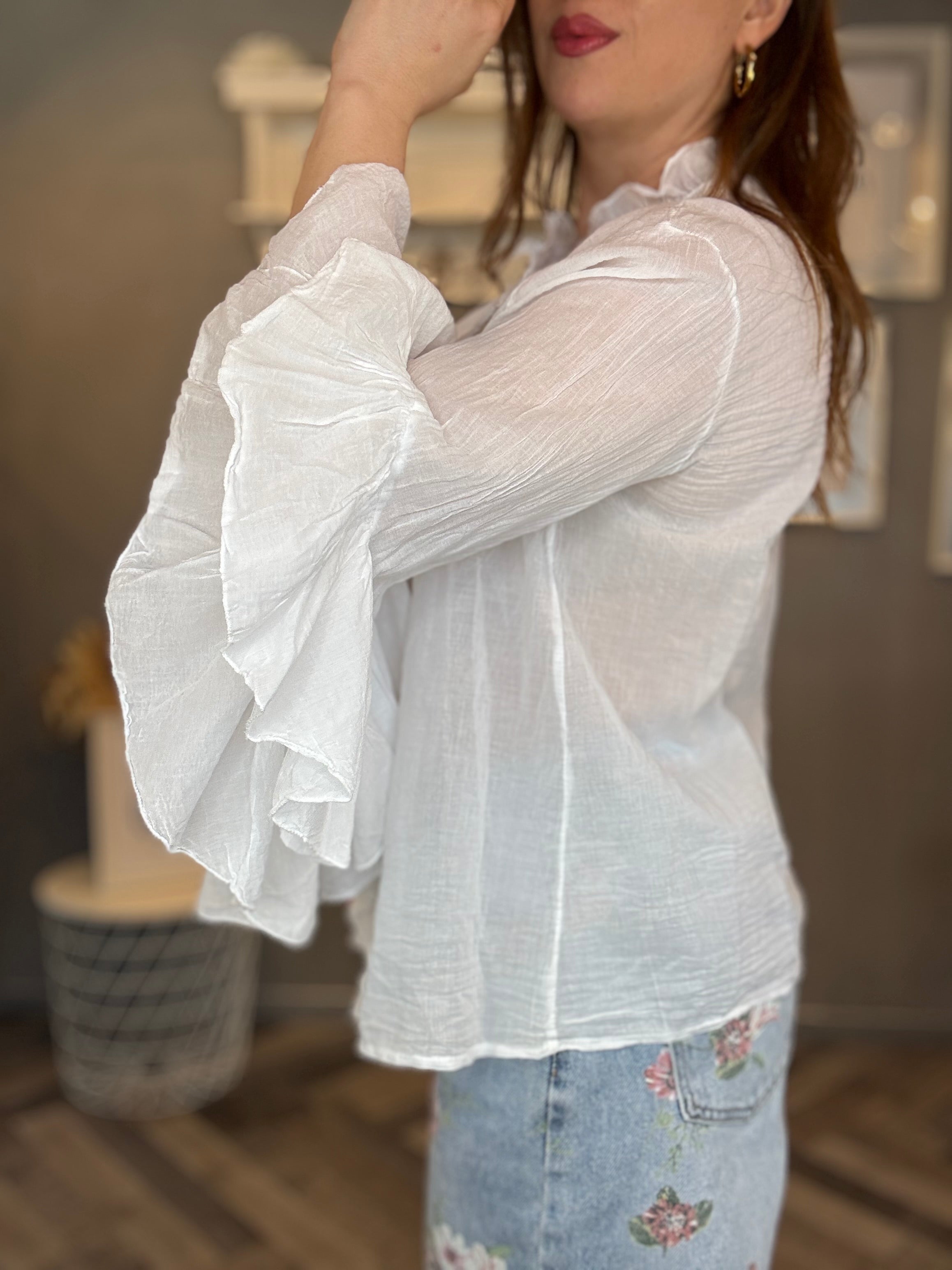 Blusa camicia volant bianca
