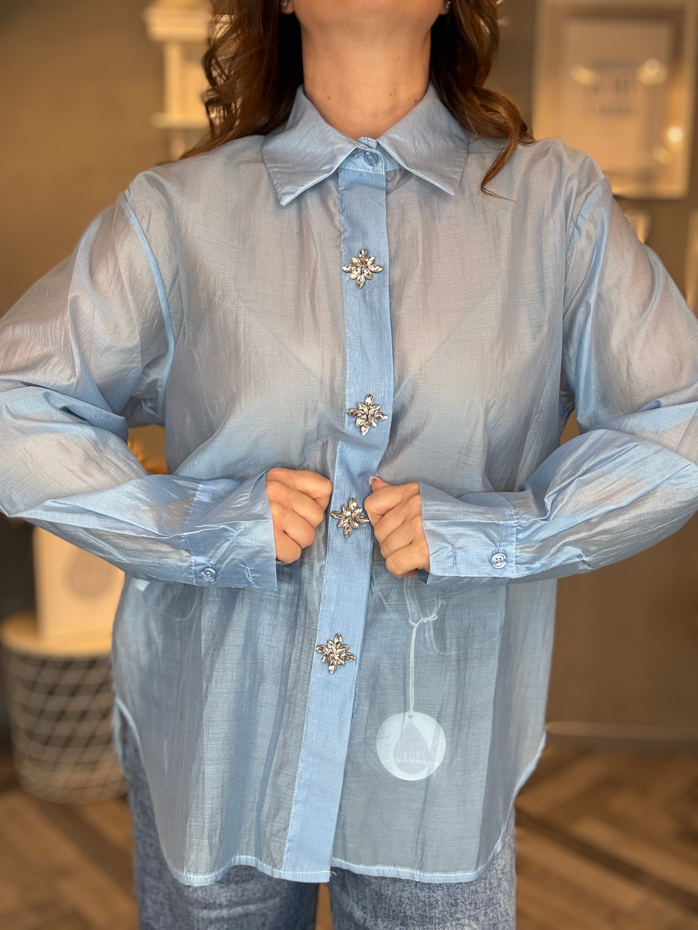 Camicia gioiello in tencel celeste