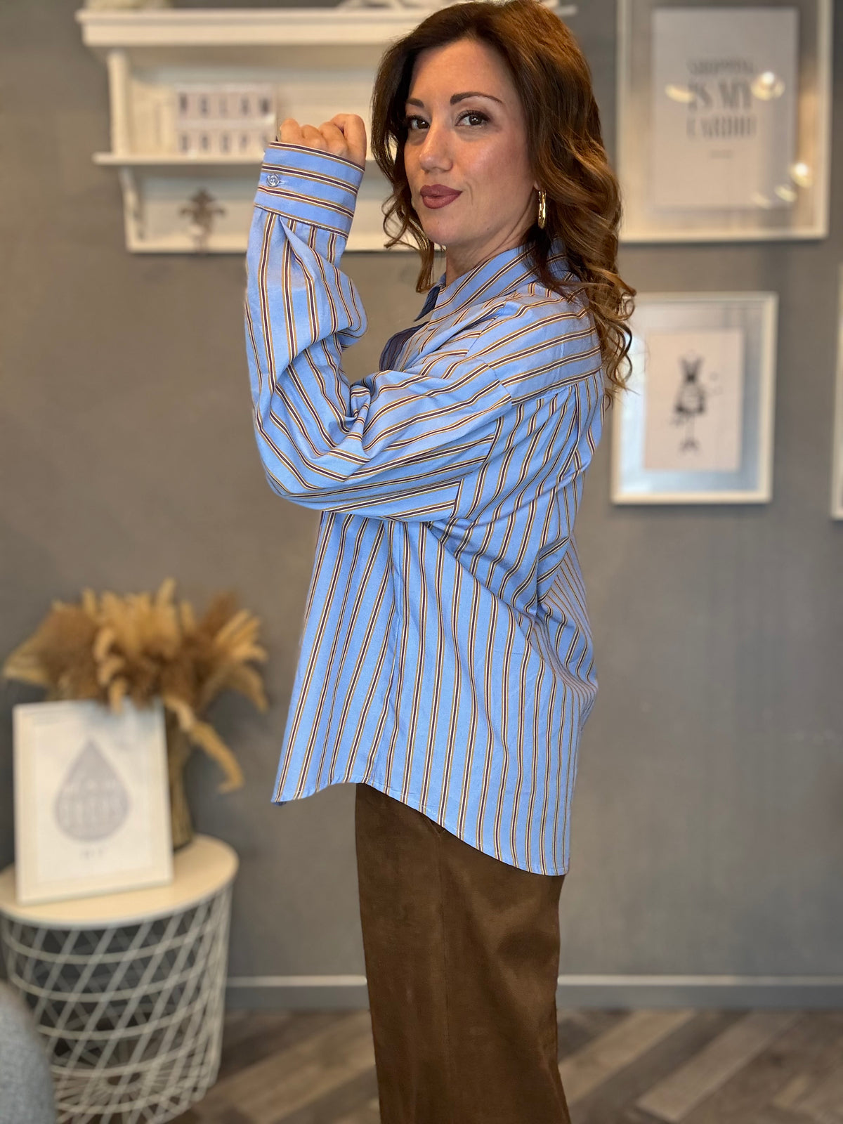 Camicia over celeste righe senape e bordeaux