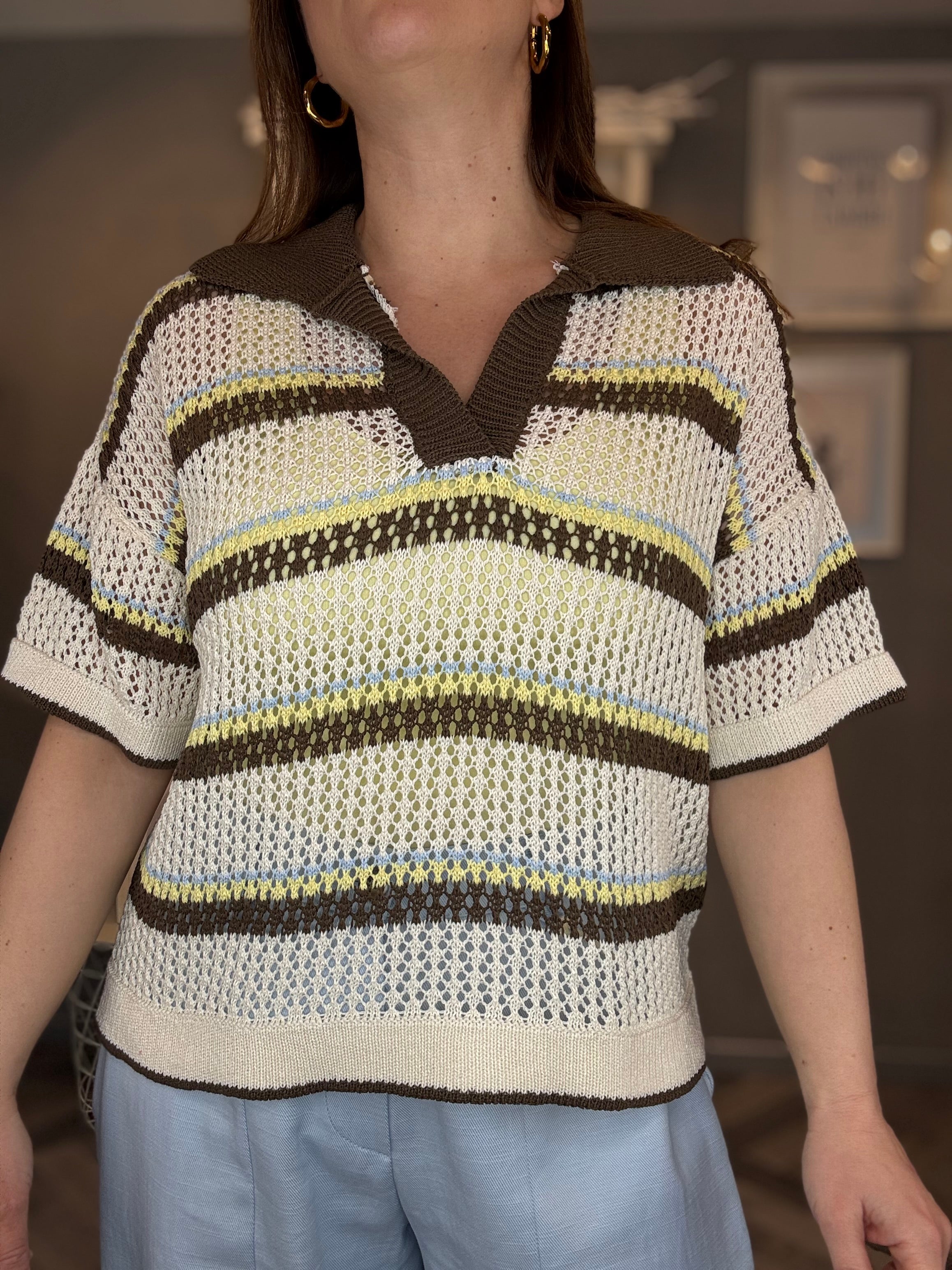 Maglia polo moro traforata a righe