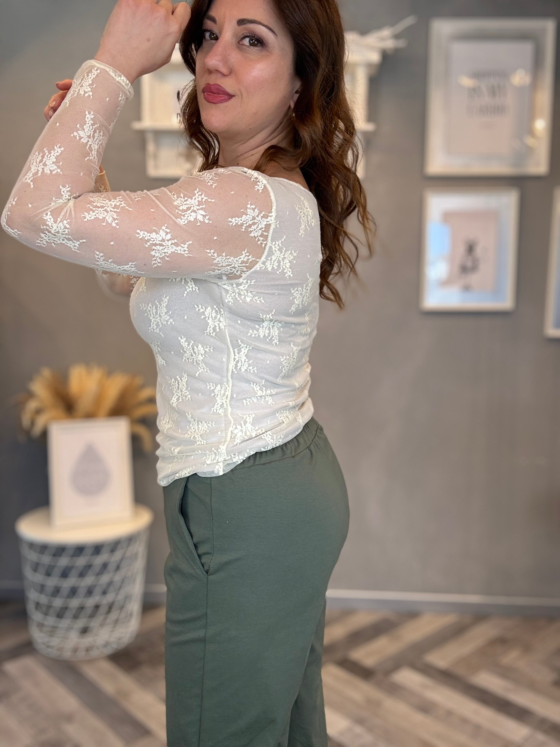 Pantalone wide leg punto Milano verde militare