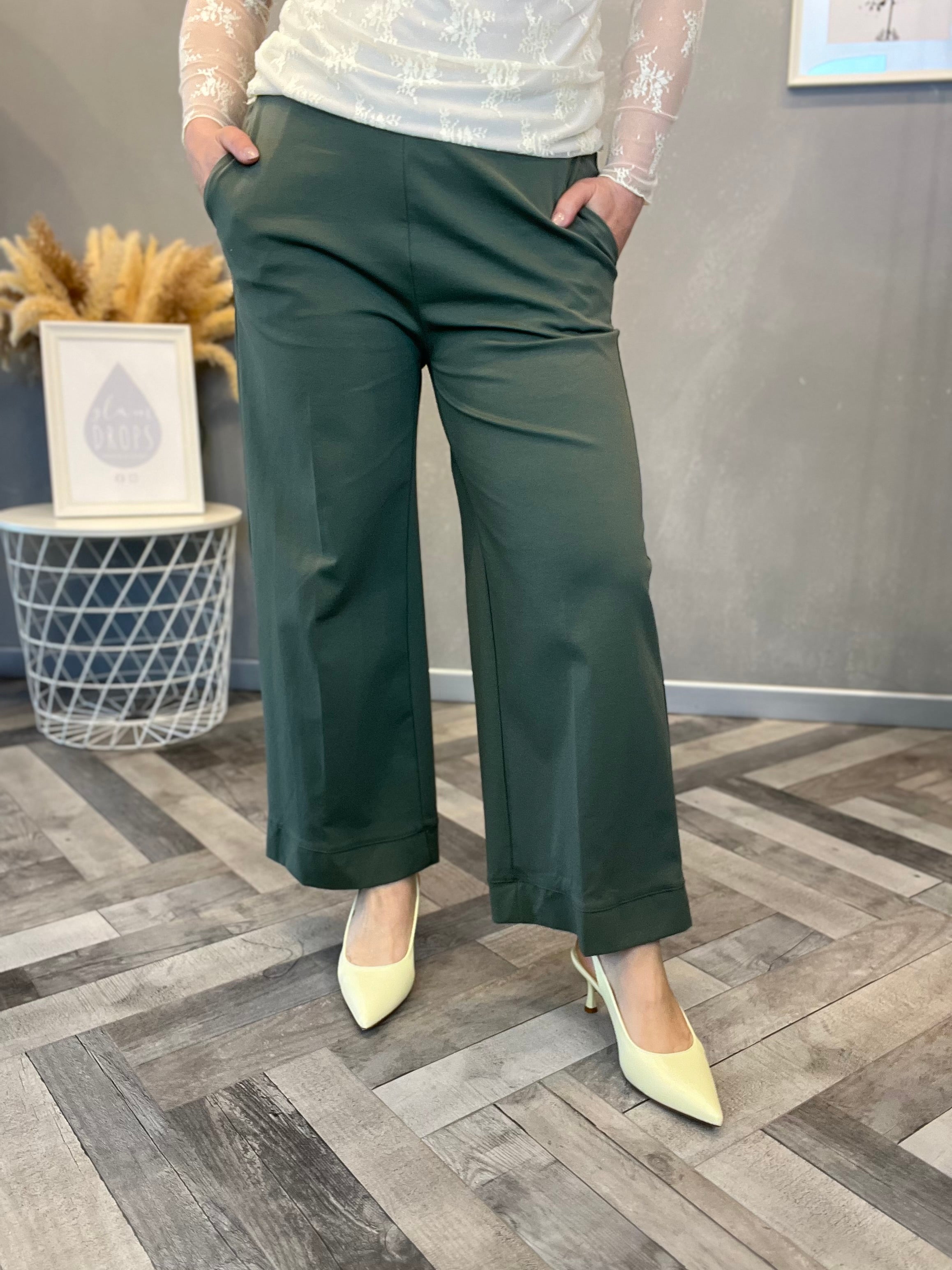 Pantalone wide leg punto Milano verde militare