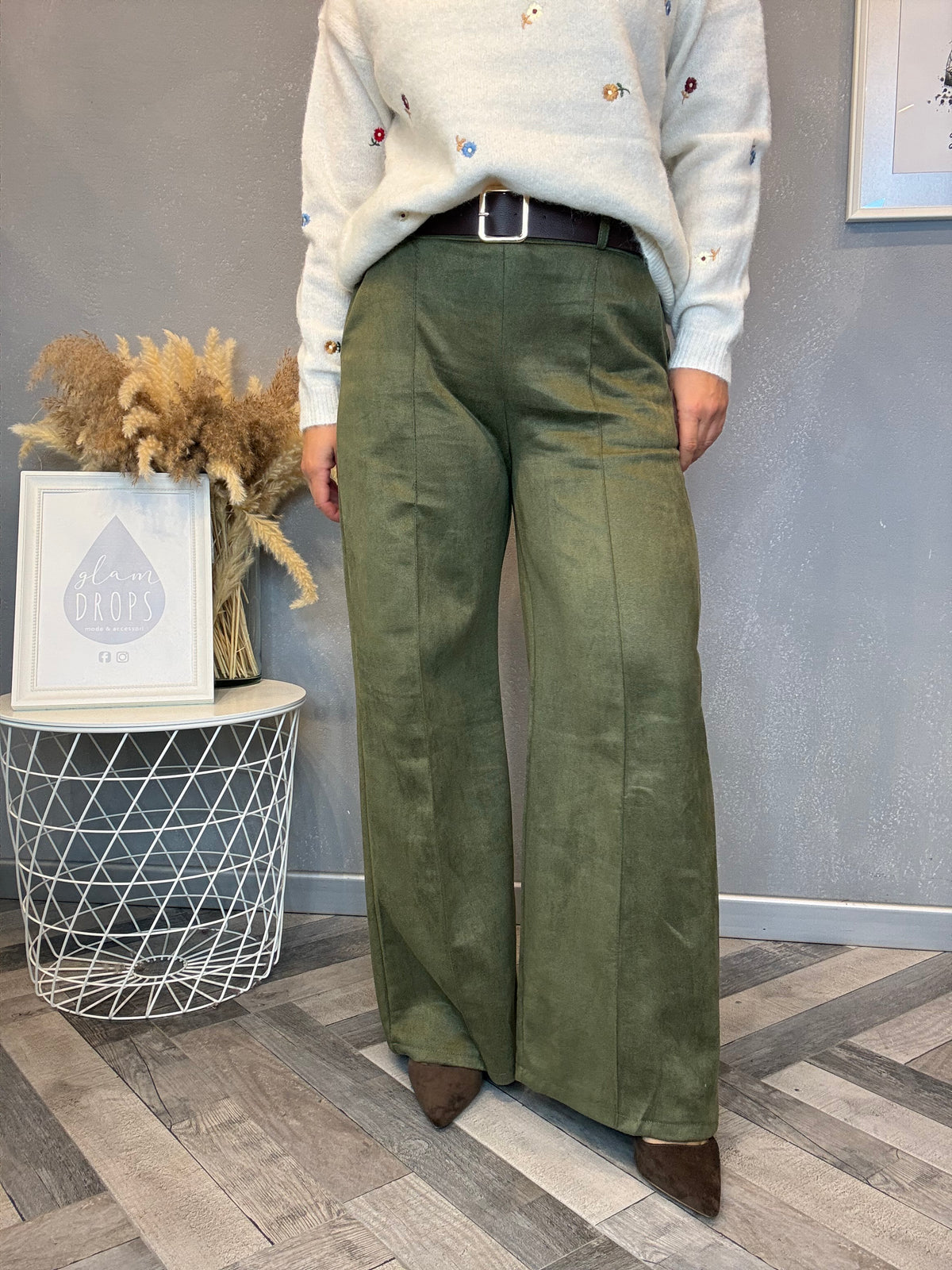 Pantalone Icon ecosuede verde militare con cintura
