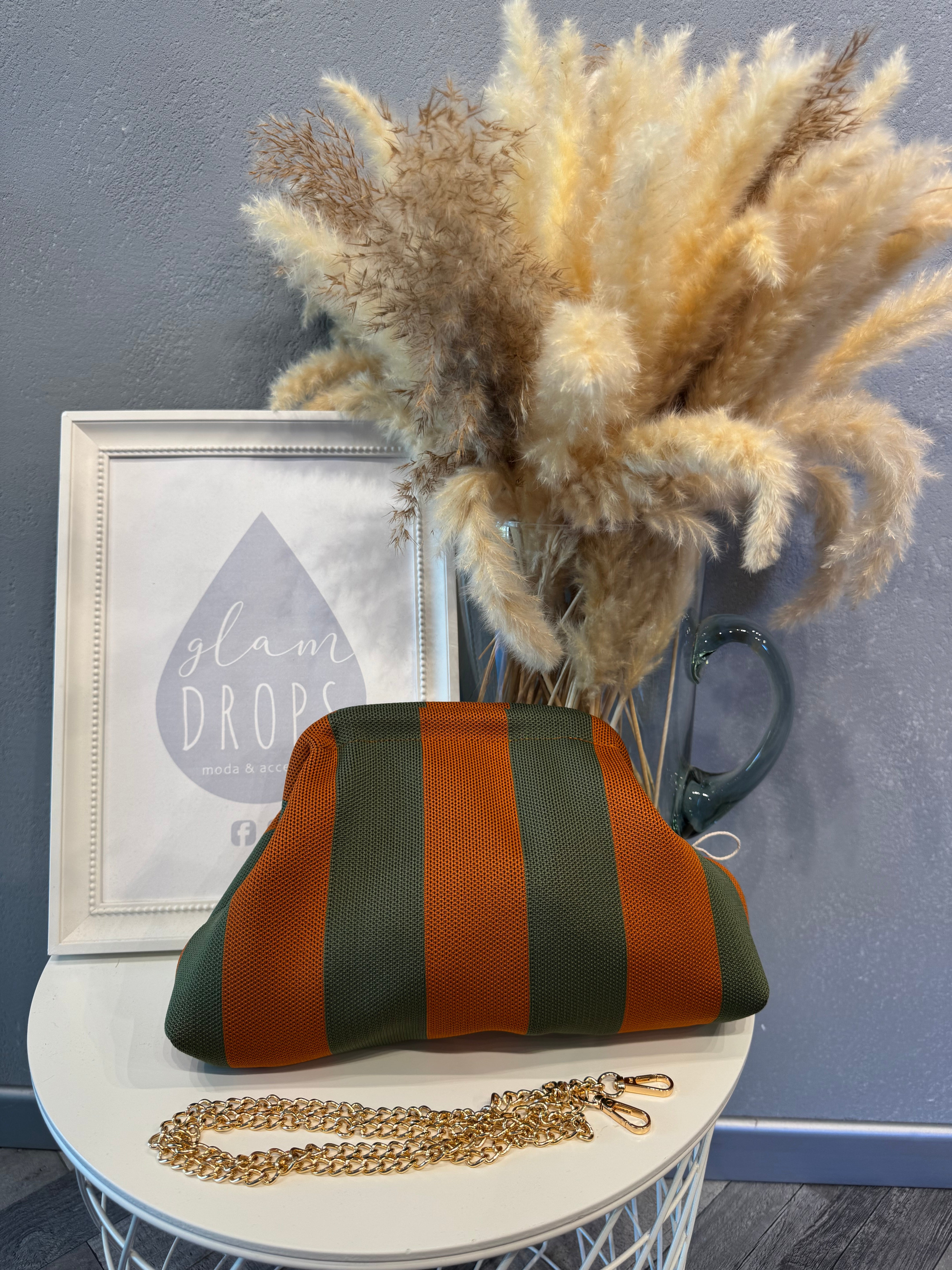 Borsa Stripe cuoio e verde militare