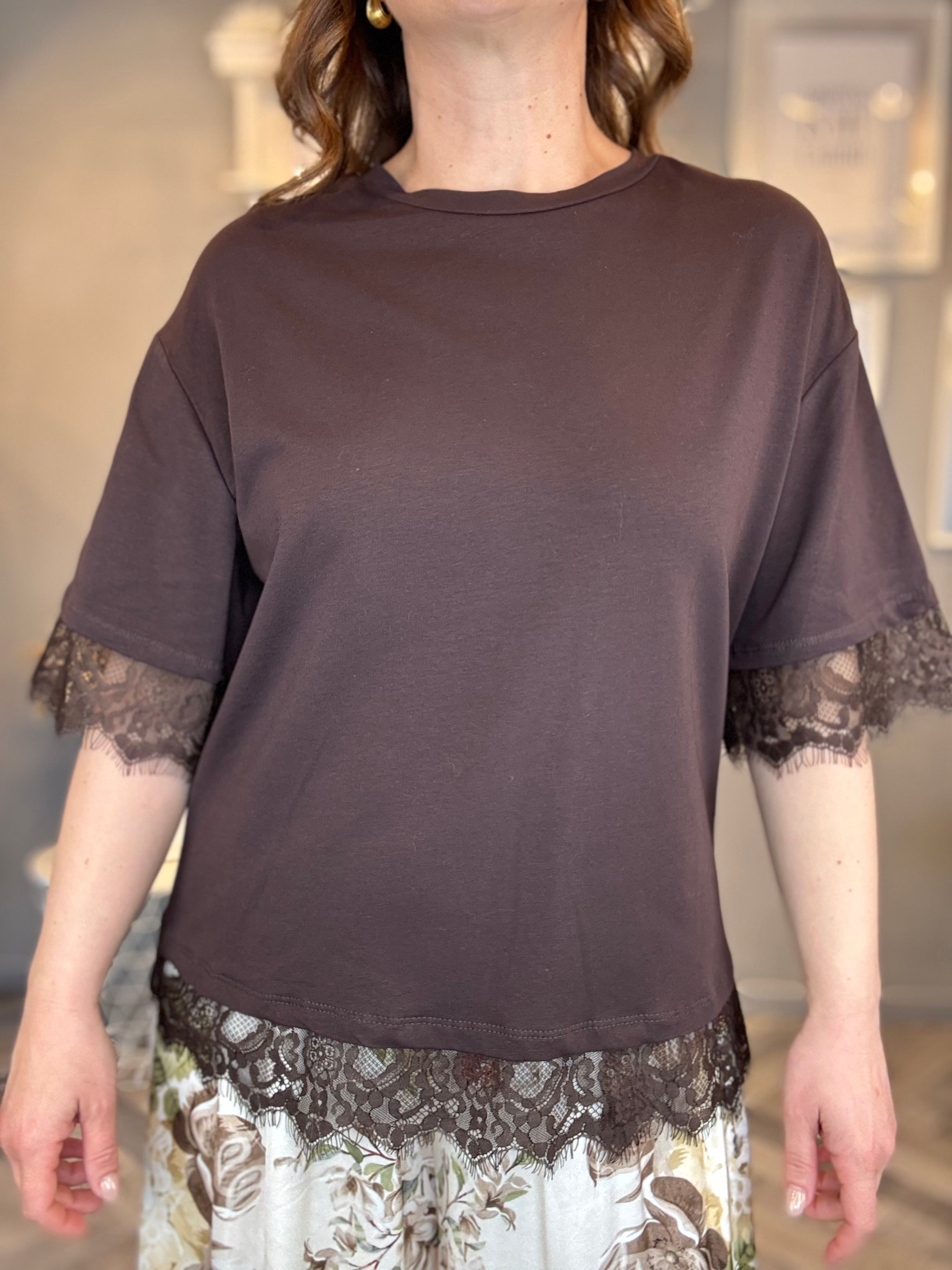 T-shirt cioccolato pizzo all over
