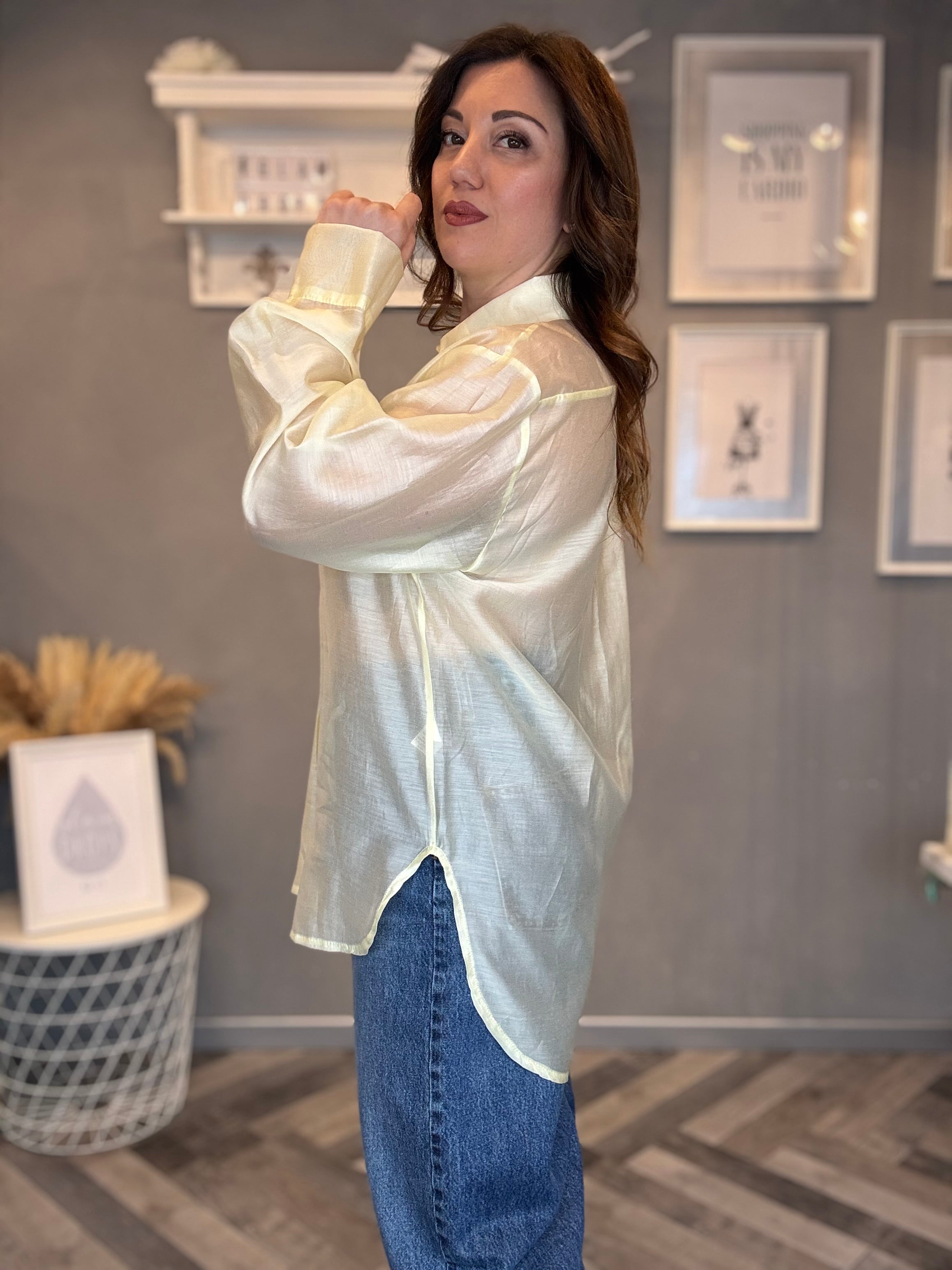 Camicia gioiello in tencel giallo pastello