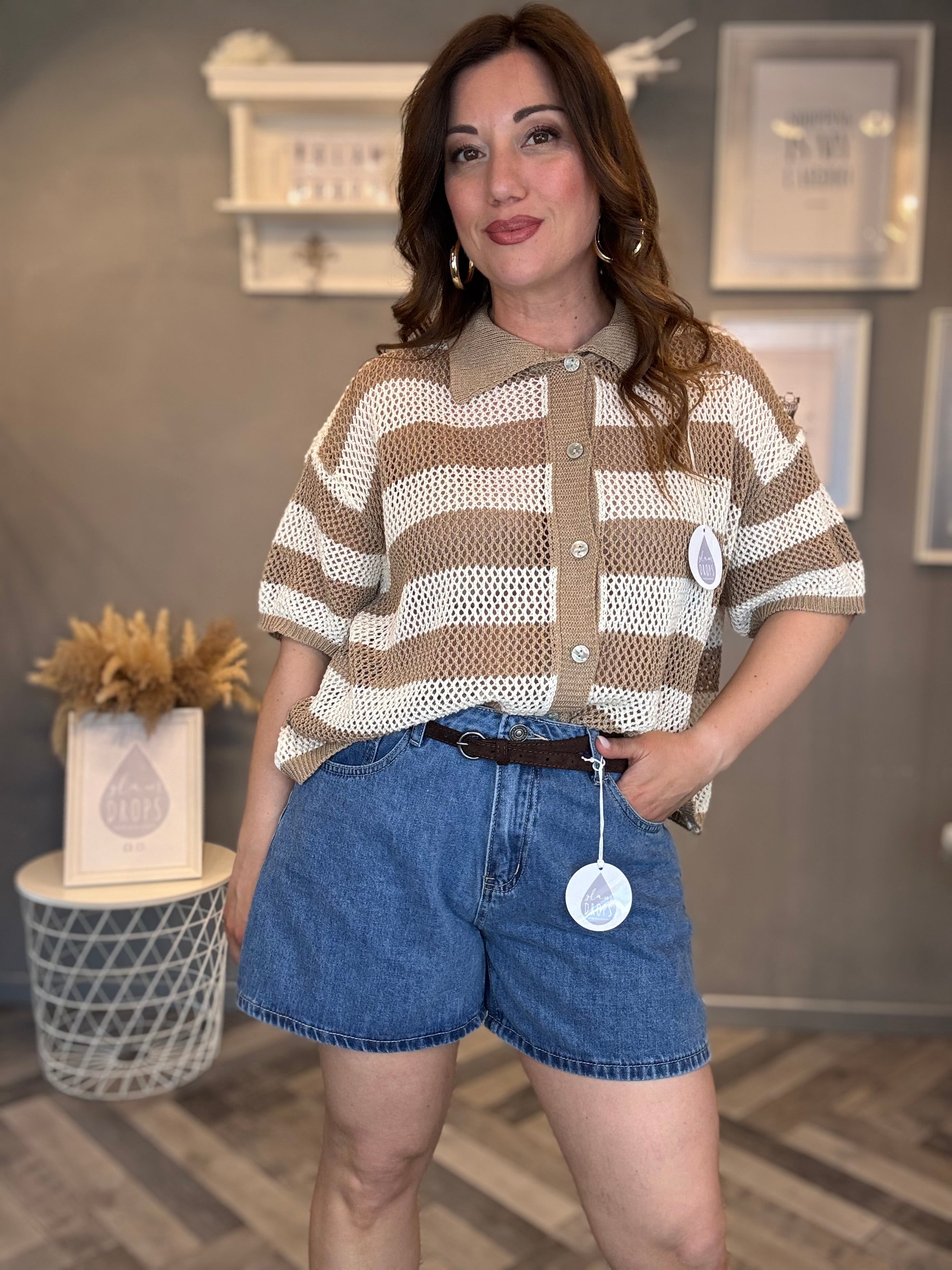 Polo traforata righe beige