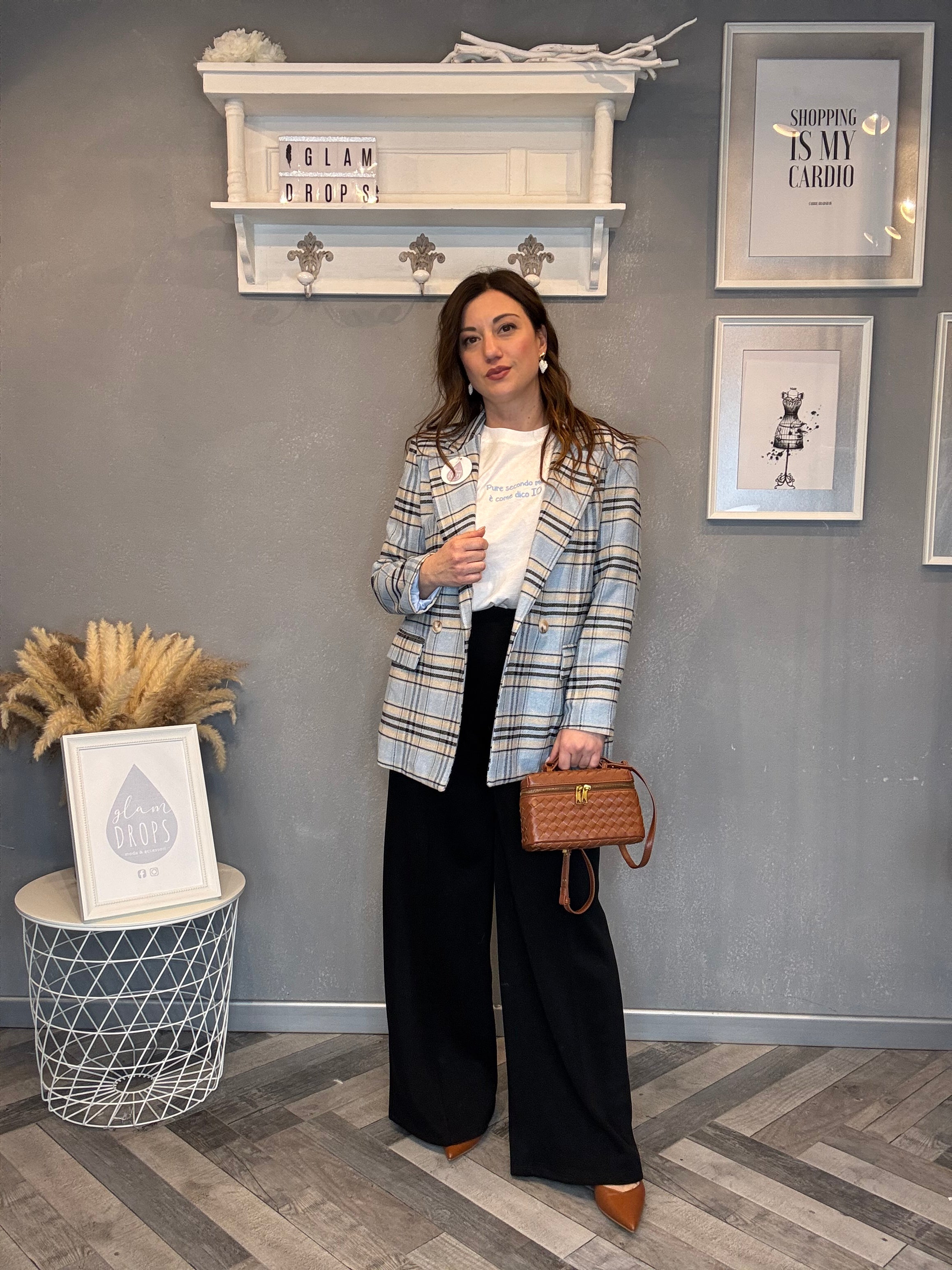 Blazer check doppiopetto celeste