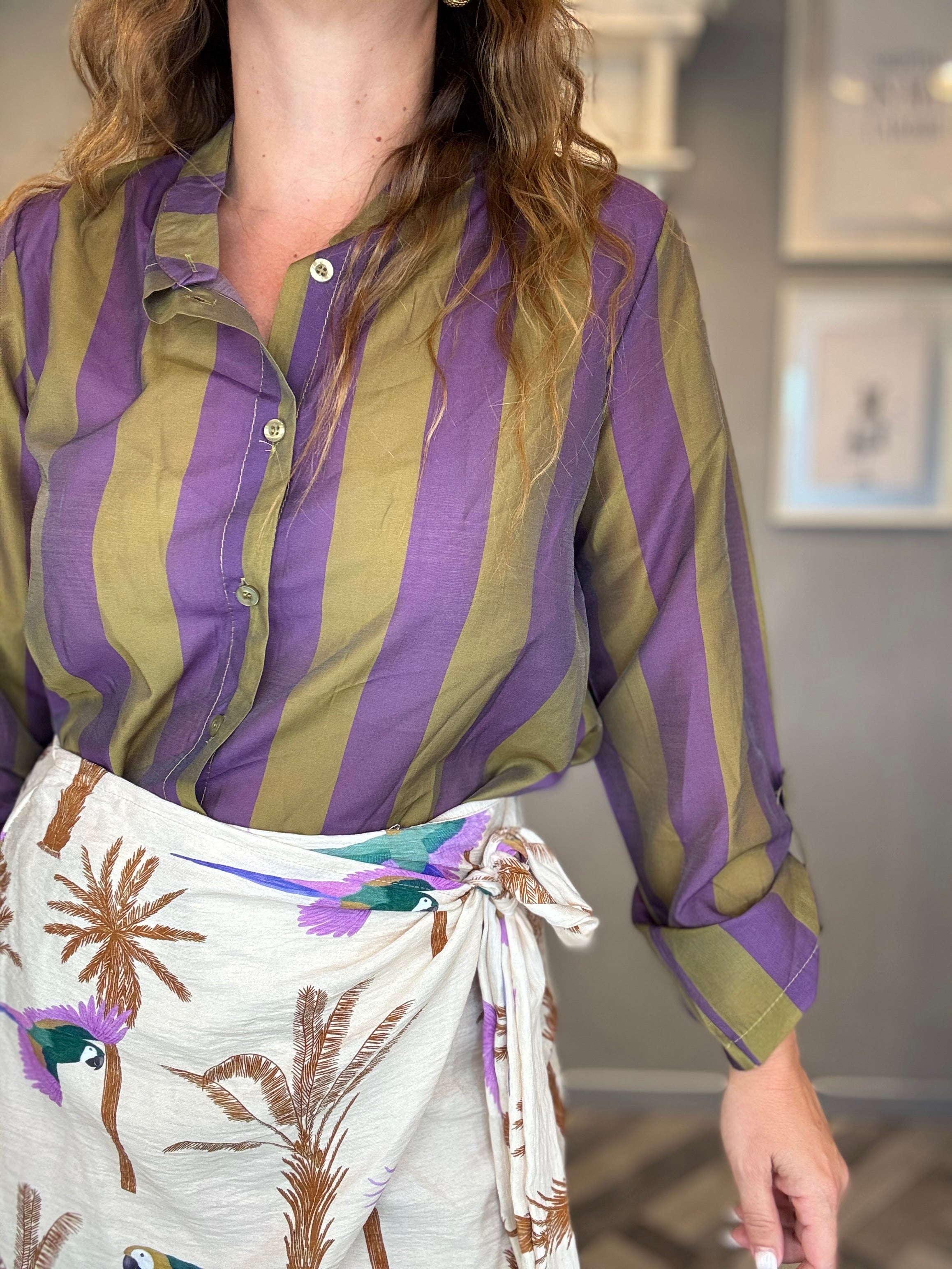 Camicia Isla Bonita bande roll-up viola e oliva