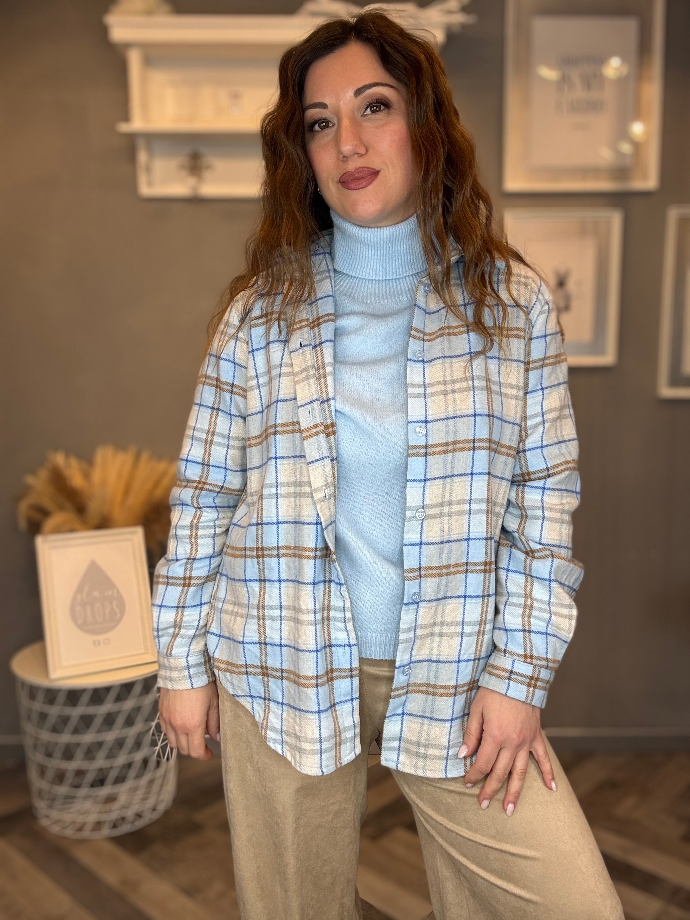 Camicia flanella check celeste