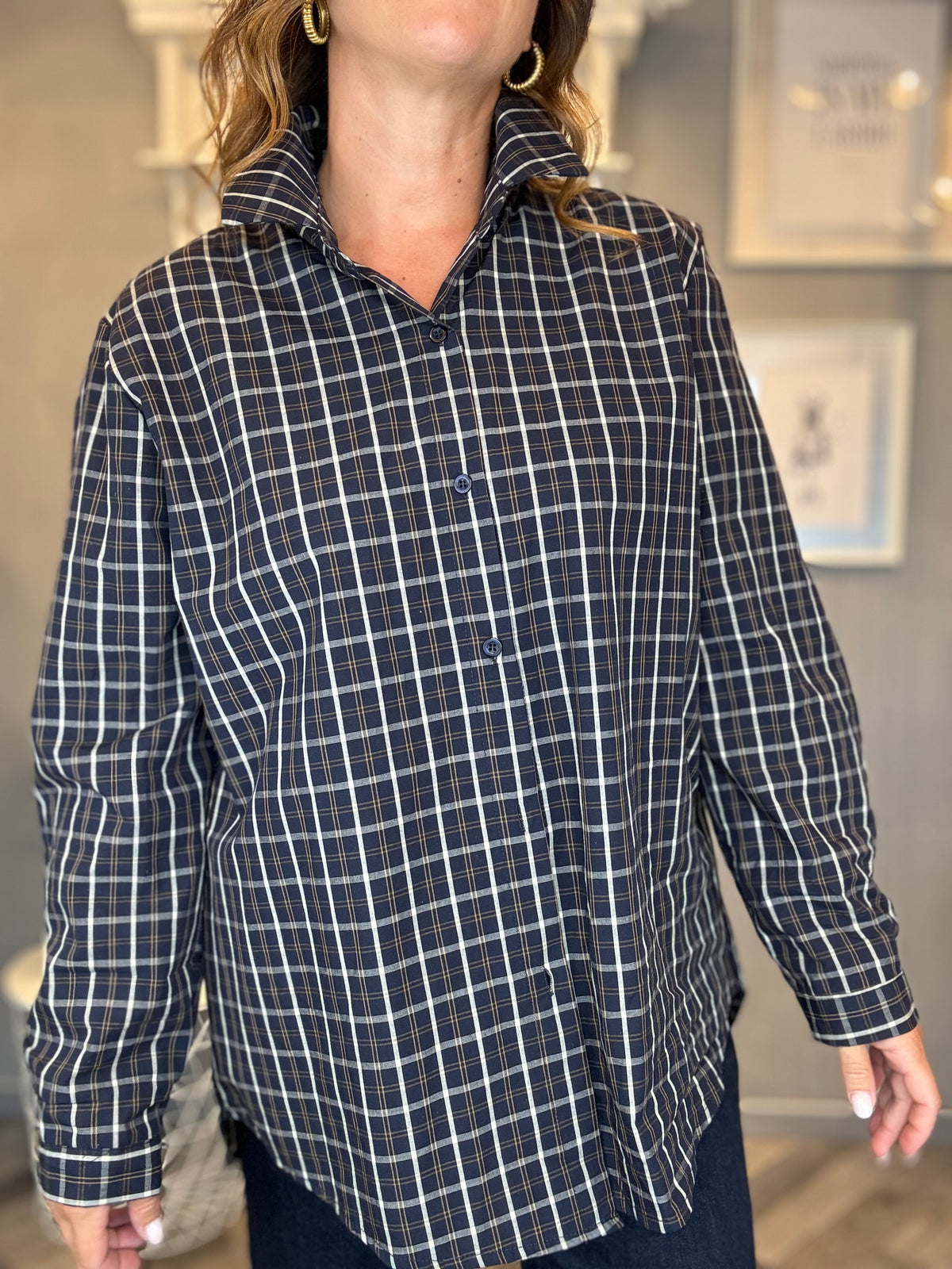 Camicia macro check blu e panna