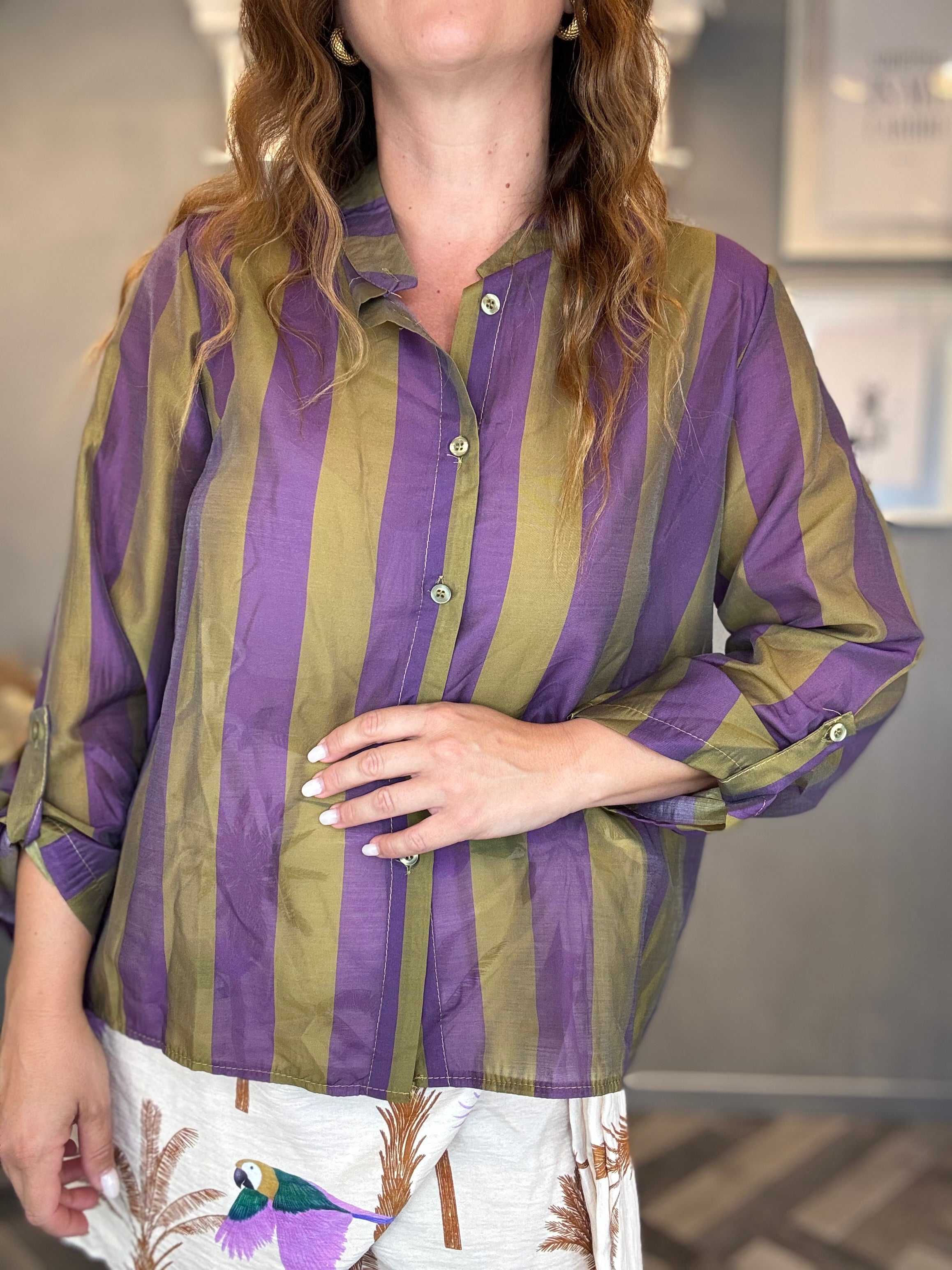 Camicia Isla Bonita bande roll-up viola e oliva