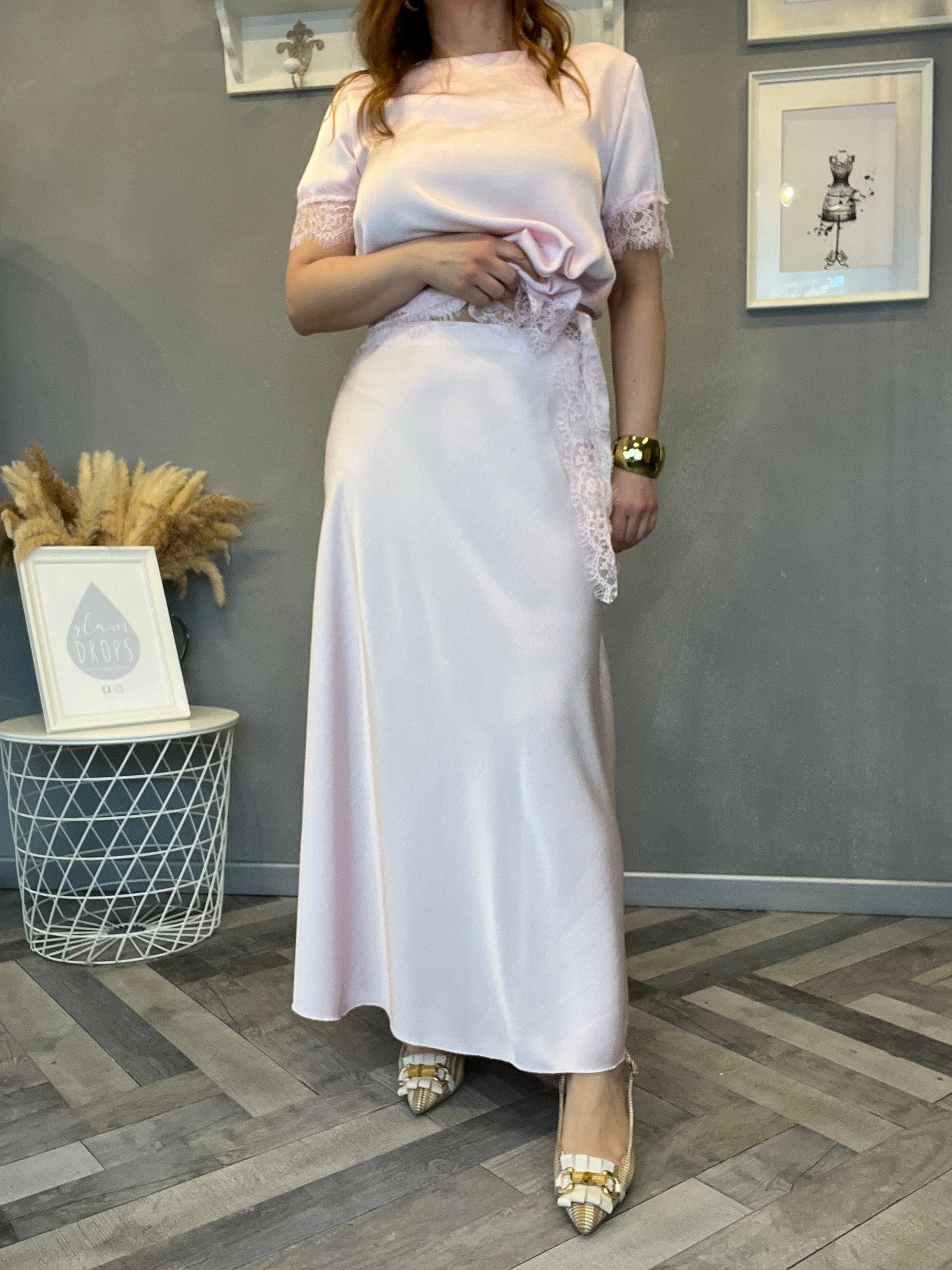 Gonna satin lunga Lety rosa pastello