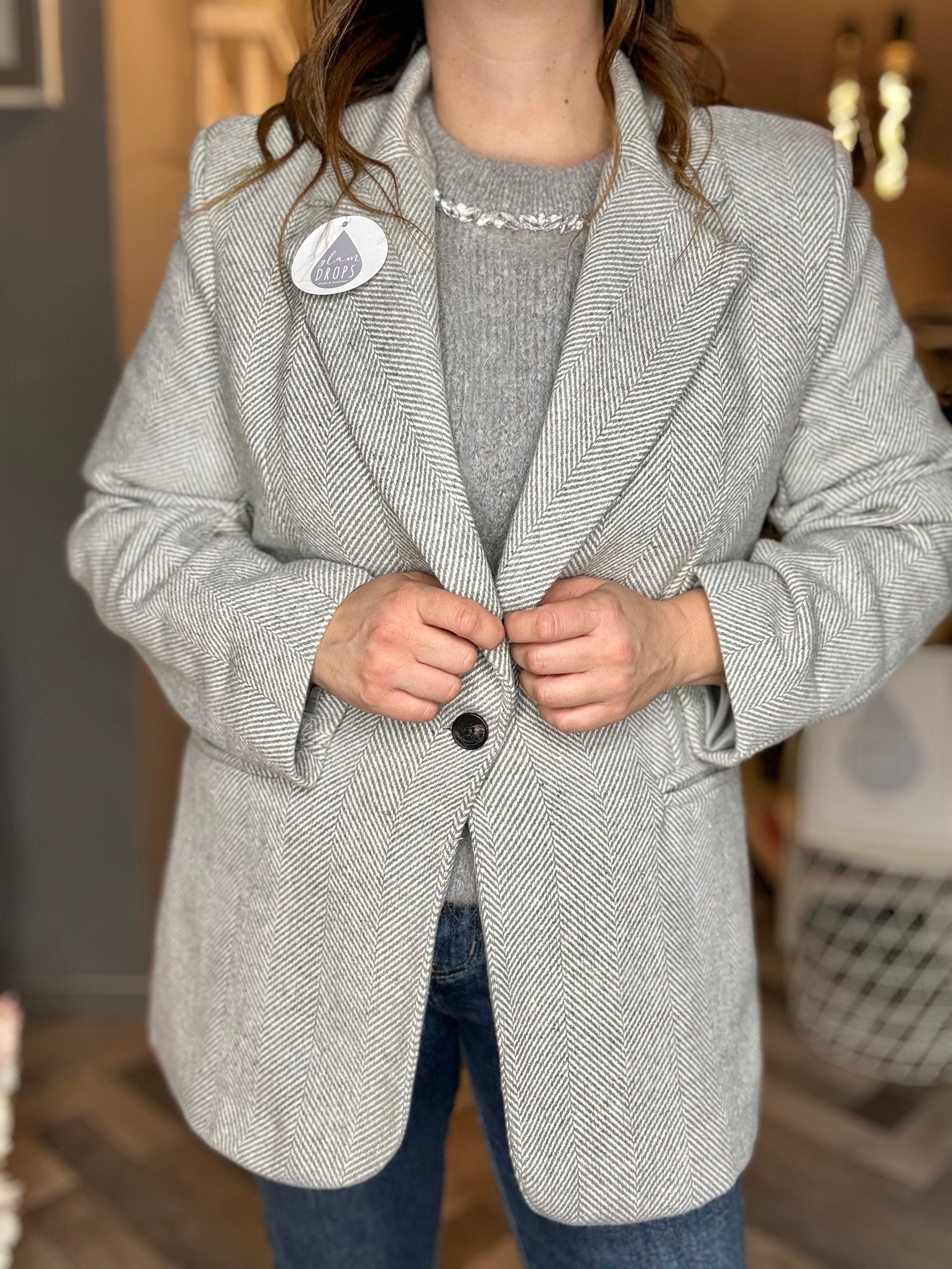 Giacca cappotto spigata teddy grigia