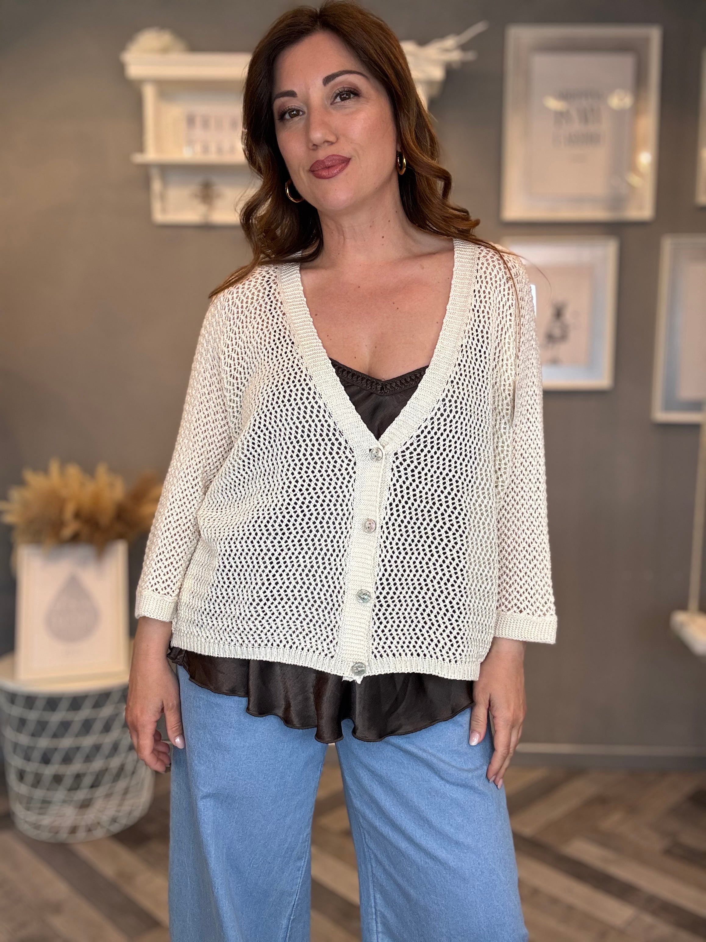 Cardigan traforato in cotone panna