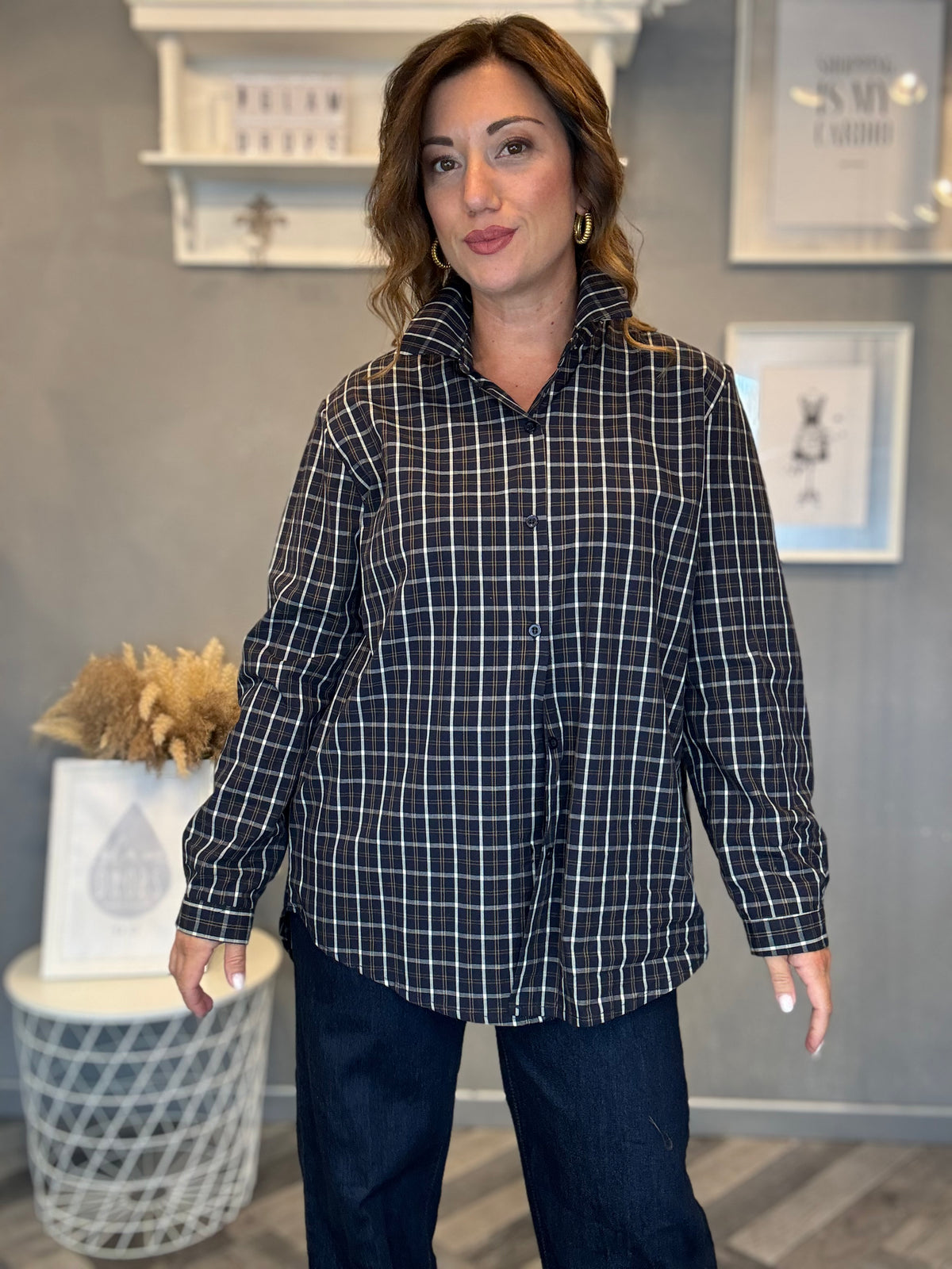 Camicia macro check blu e panna
