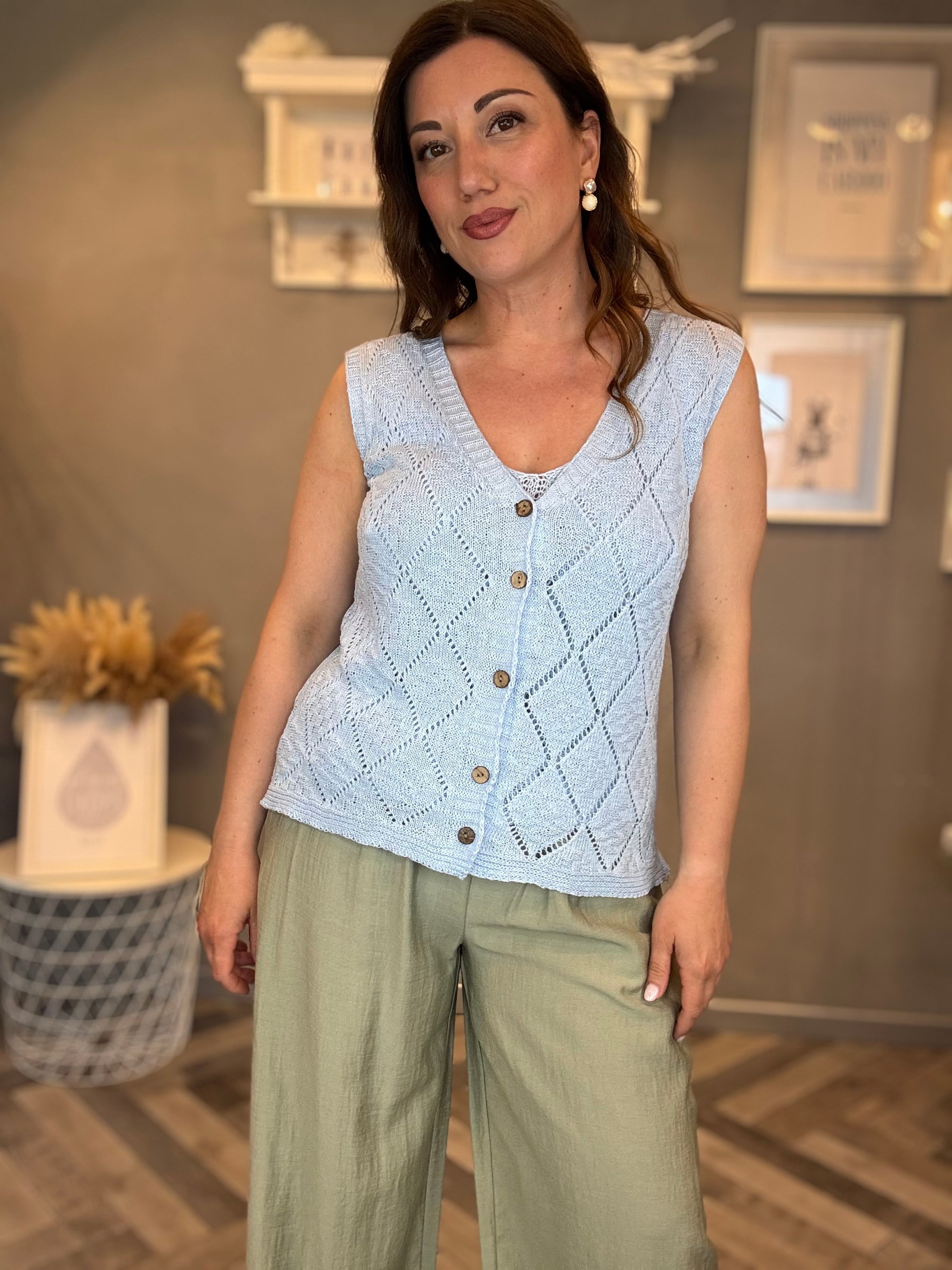 Gilet traforato rombi celeste