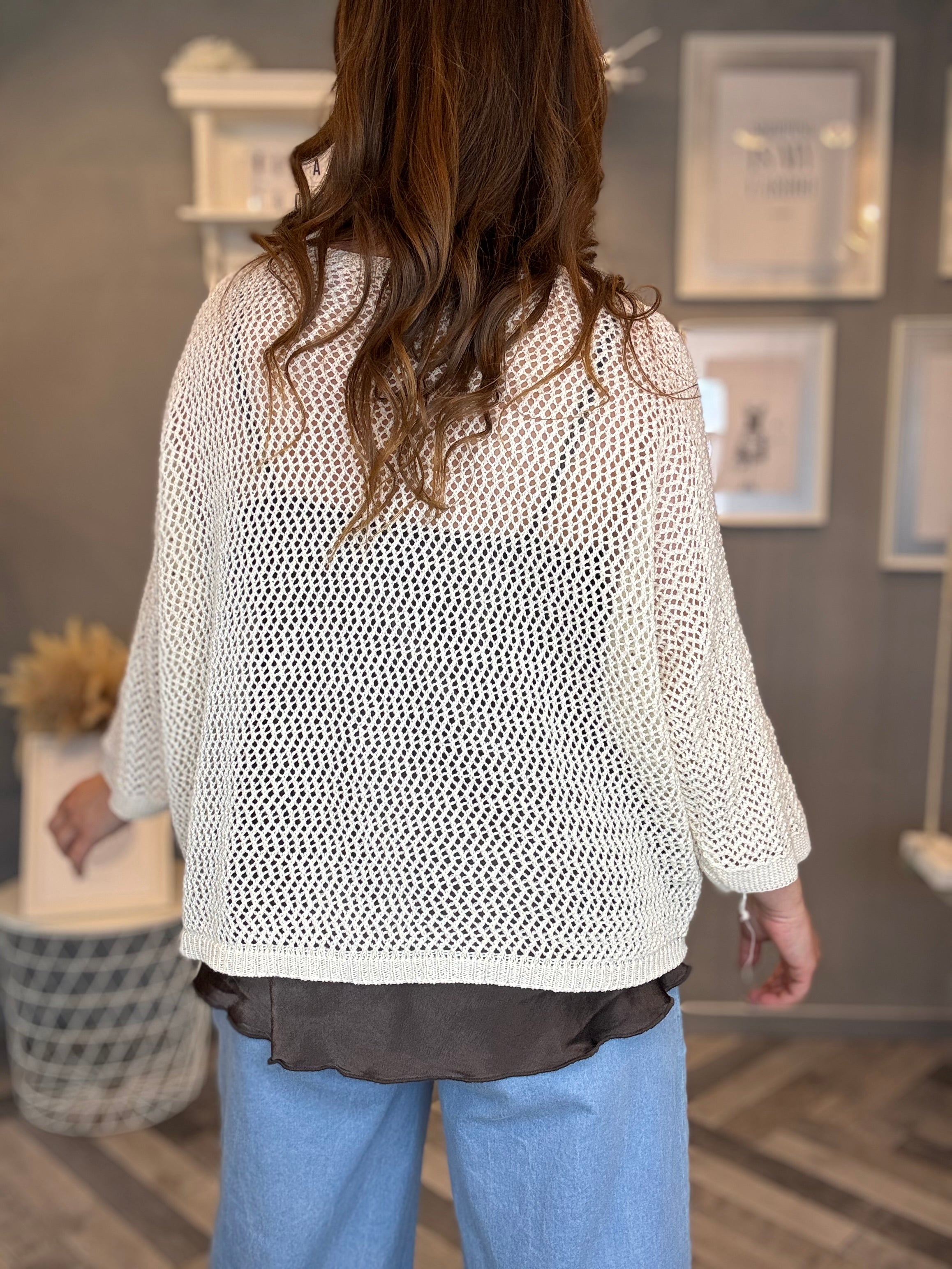 Cardigan traforato in cotone panna