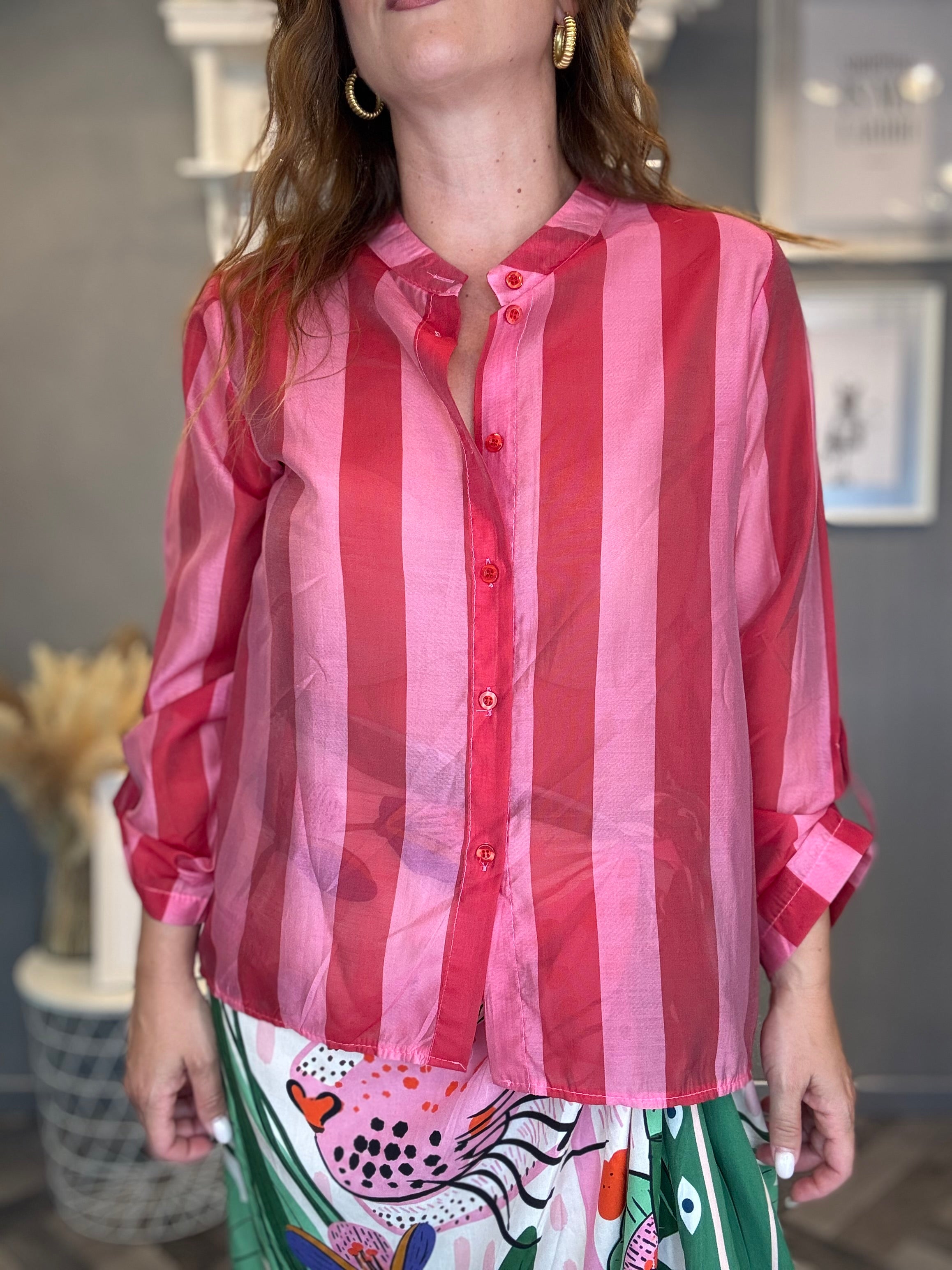 Camicia Isla Bonita bande roll-up fucsia e rosa